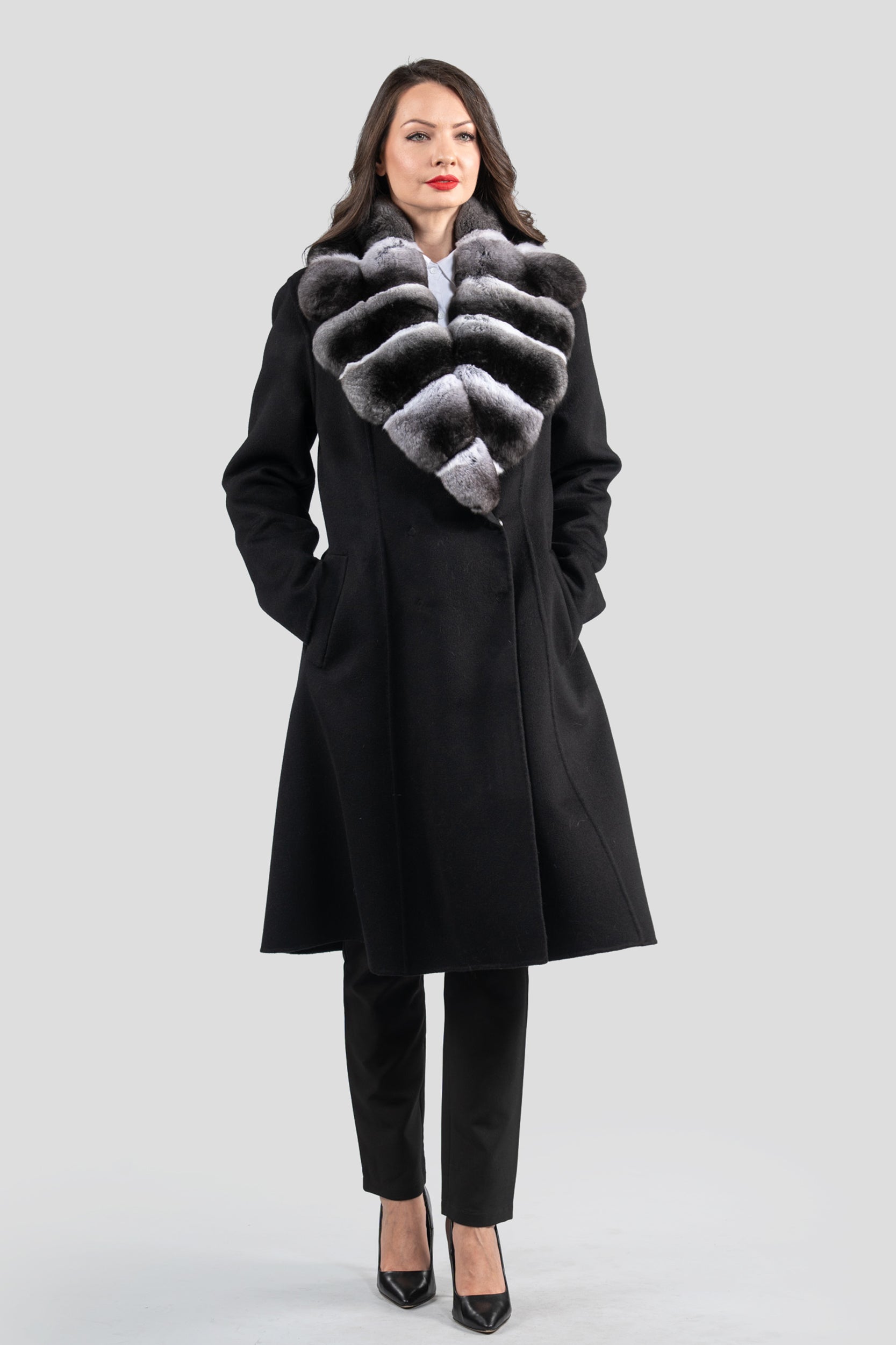 Black Cashmere Coat with Chinchilla Notch Collar 19C8250