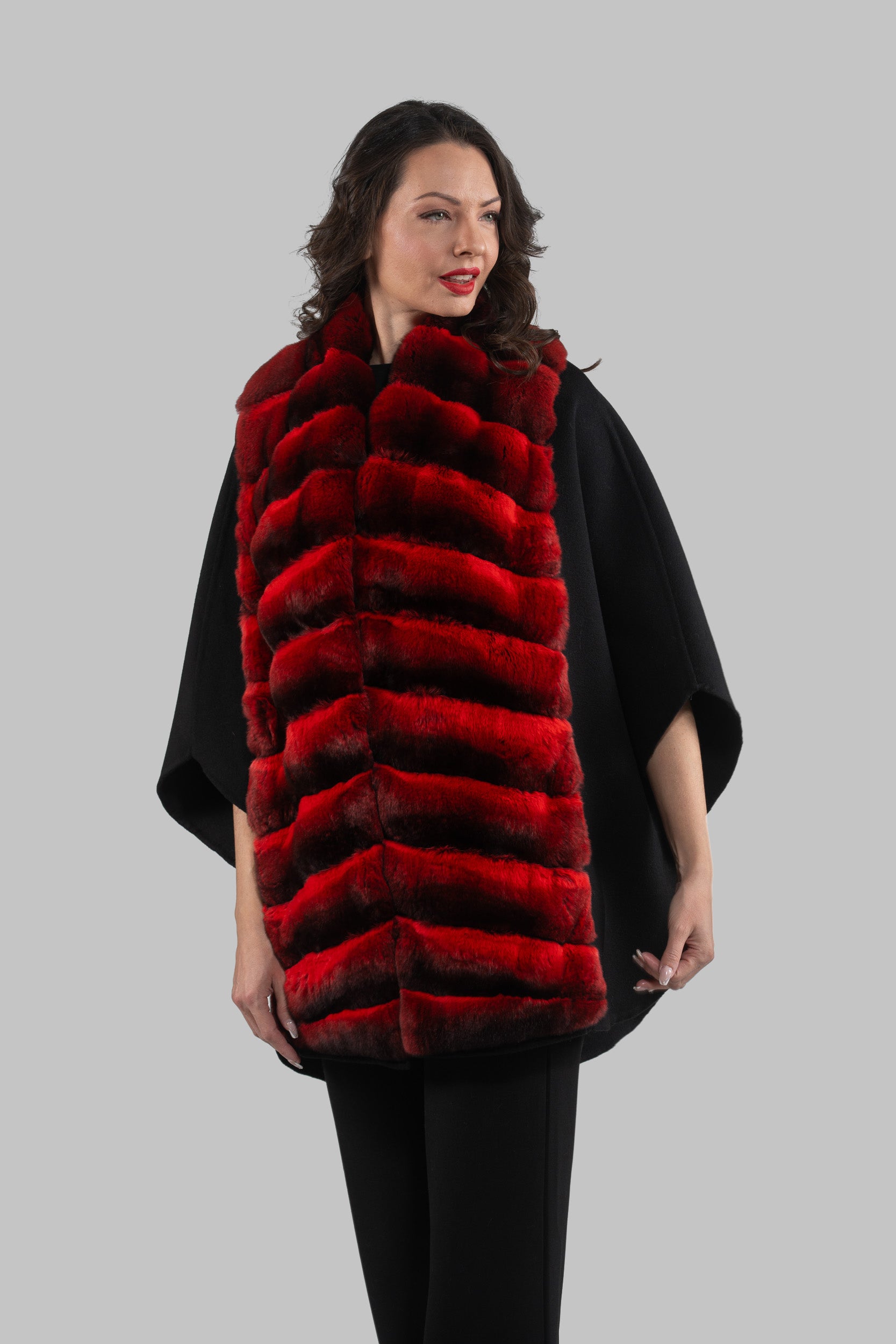 Black Cashmere Cape with Red Chinchilla Trim 18M950