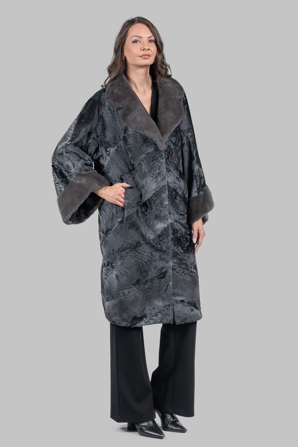 Acciaio Swakara Oversized Half Coat with Titanium Mink Trim A/K13C848gs20v30