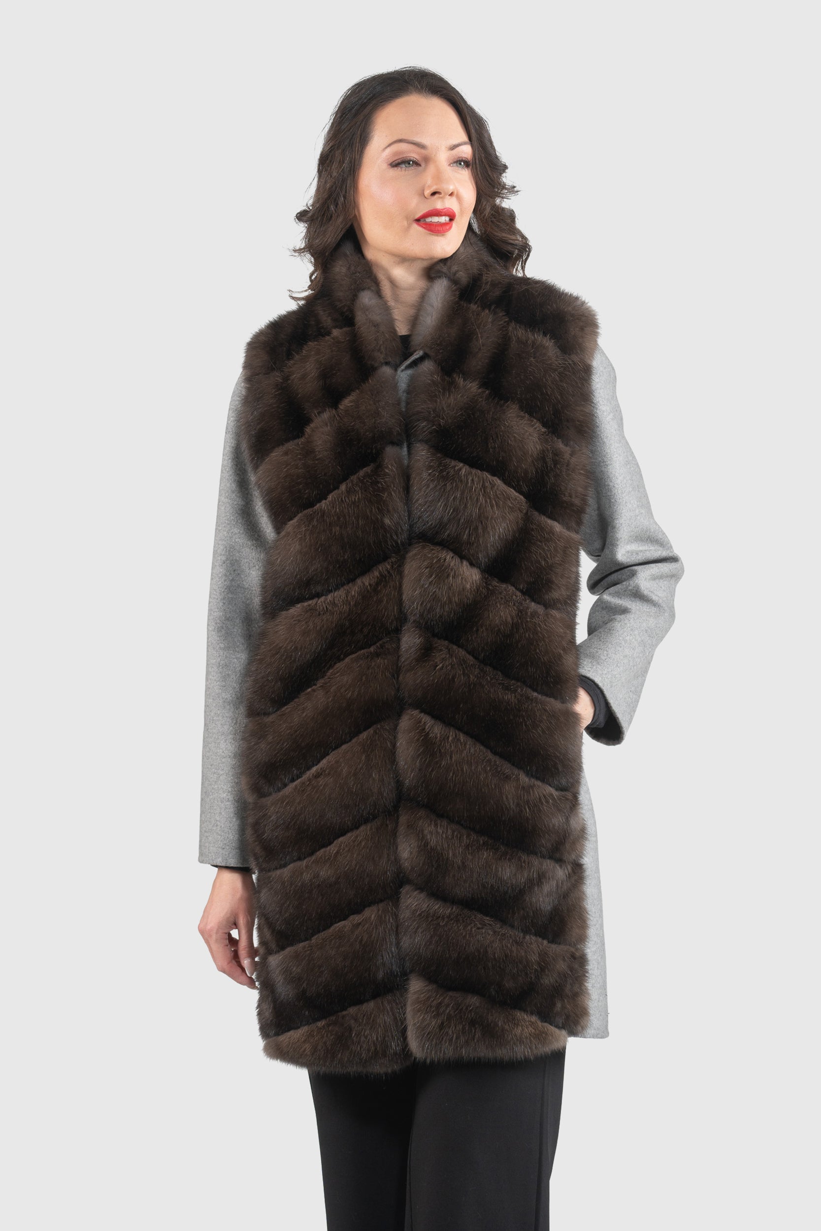Grey Cashmere Half Coat & Vest with Russian Sable Trim 17C8003