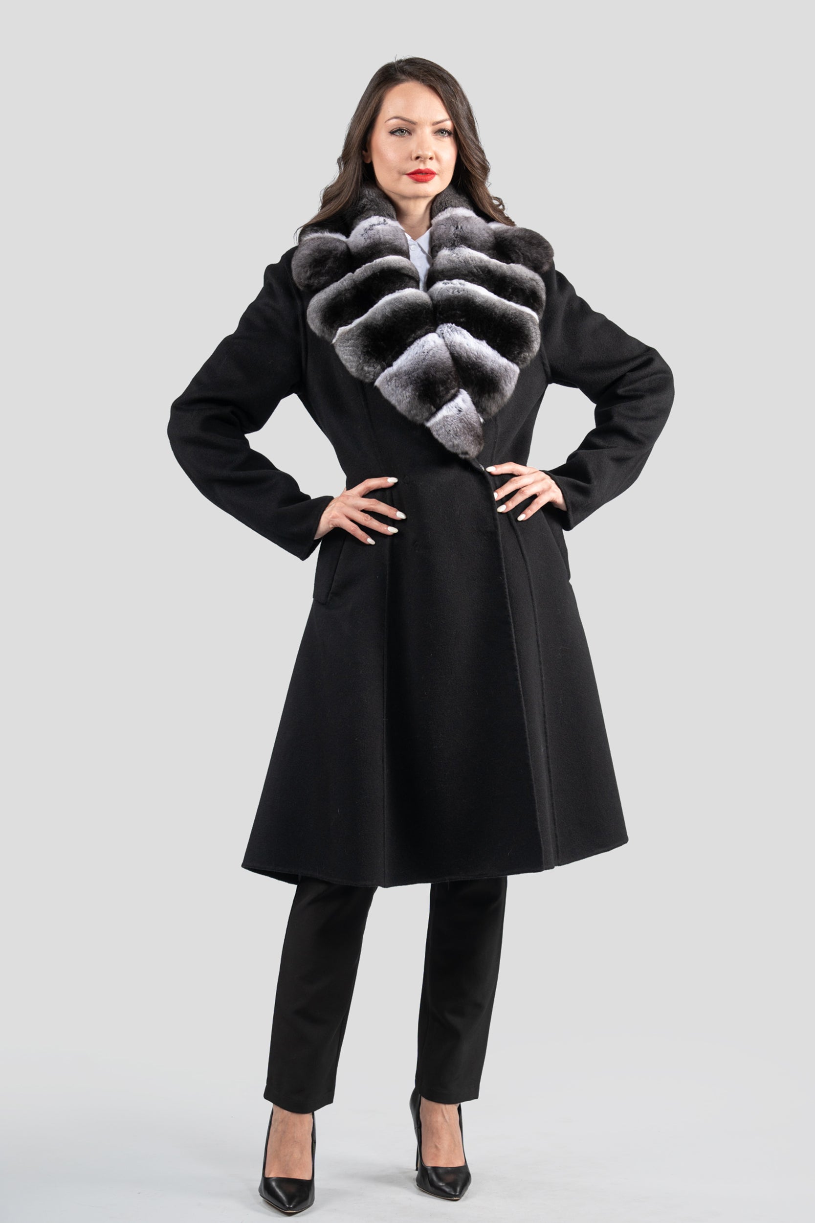 Black Cashmere Coat with Chinchilla Notch Collar 19C8250