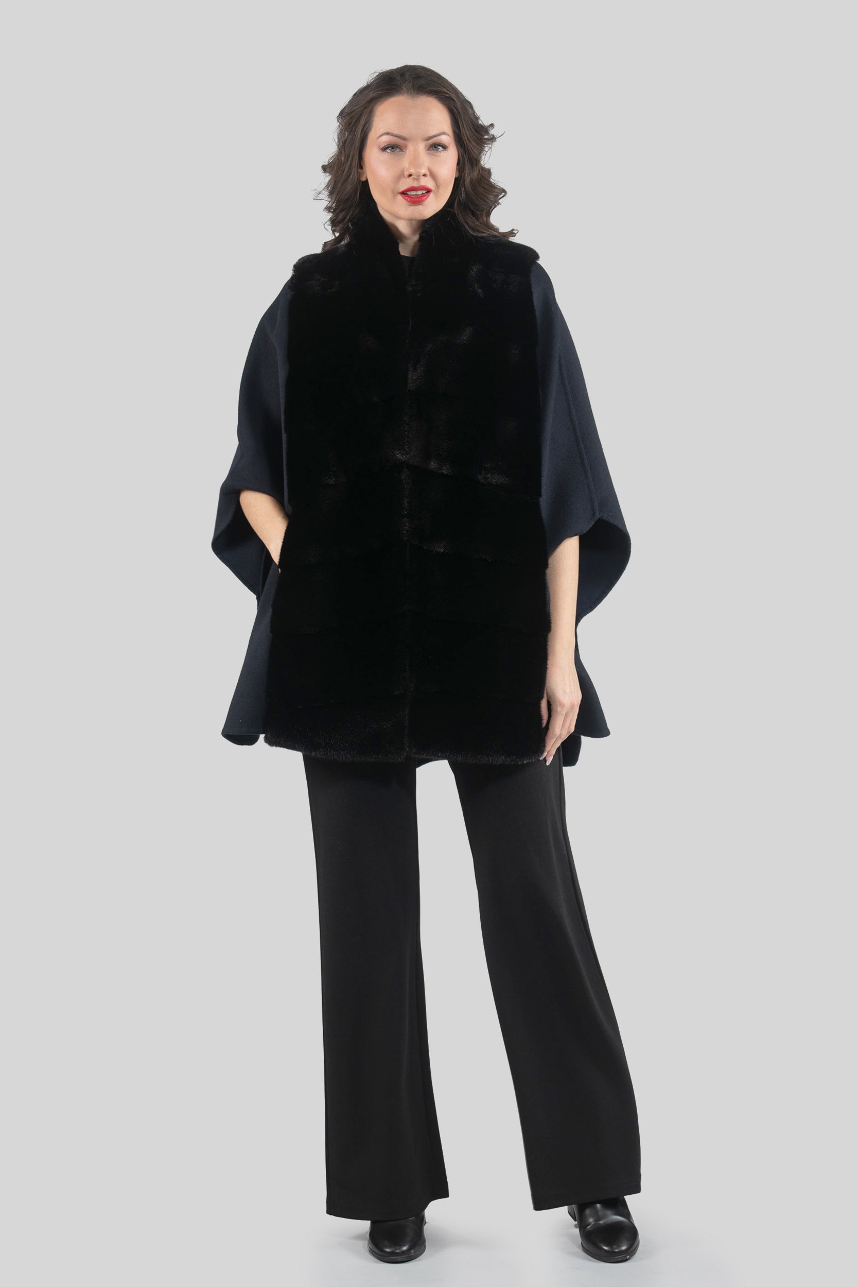 Blue Black Cashmere Cape with Mink Trim 18M950
