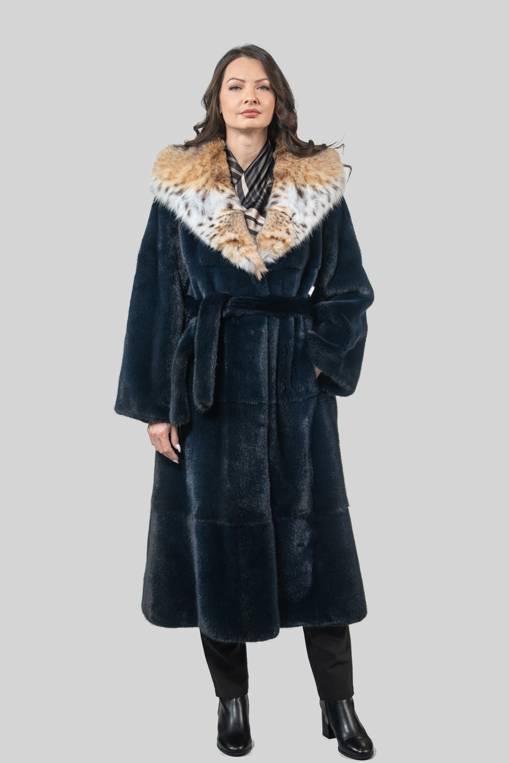 Blue Black Mink Coat with Bobcat Hood S/S13C978