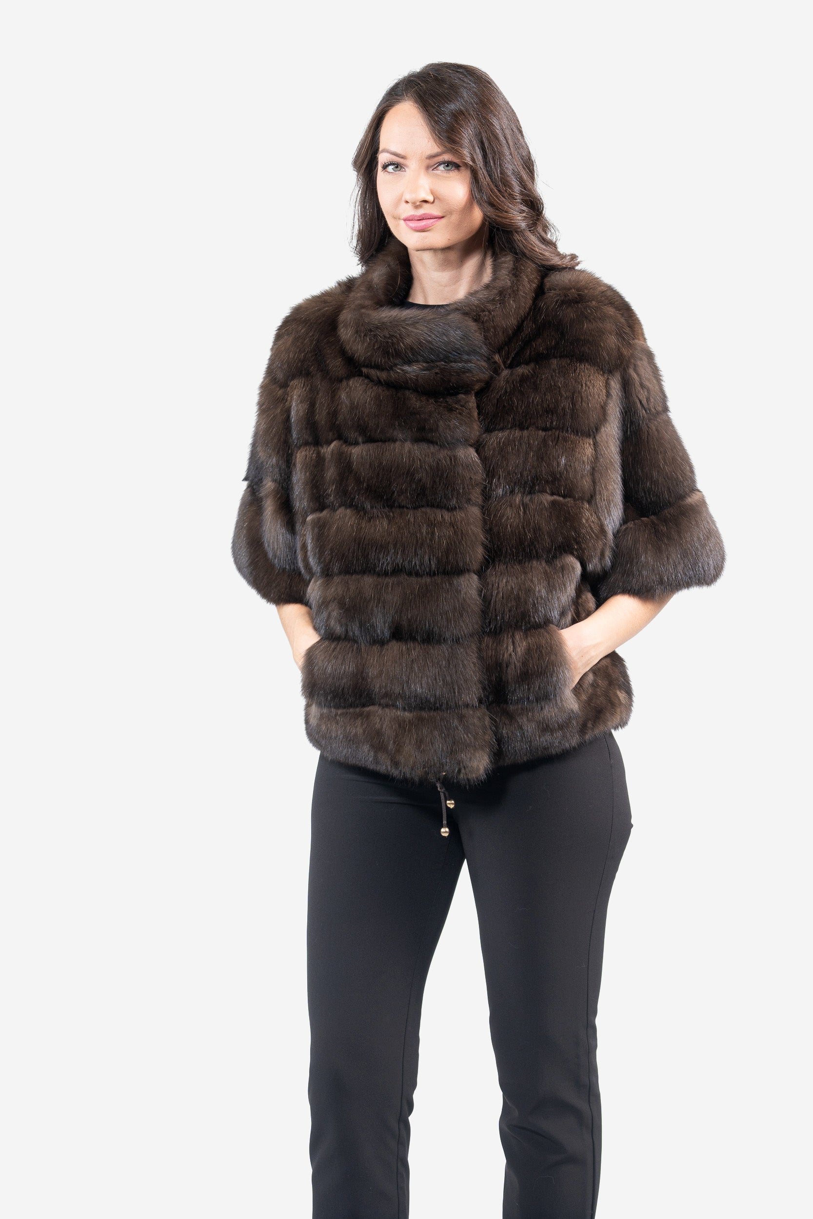 Dark Russian Sable Jacket with Stand Collar and Short Sleeves P/K13C139