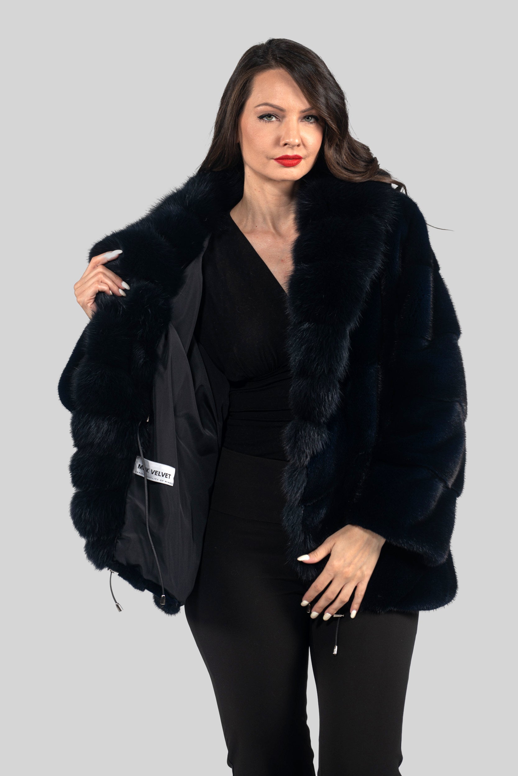 Blue Black Mink Half Coat with Extended Baumarten Shawl Collar V/K19C123