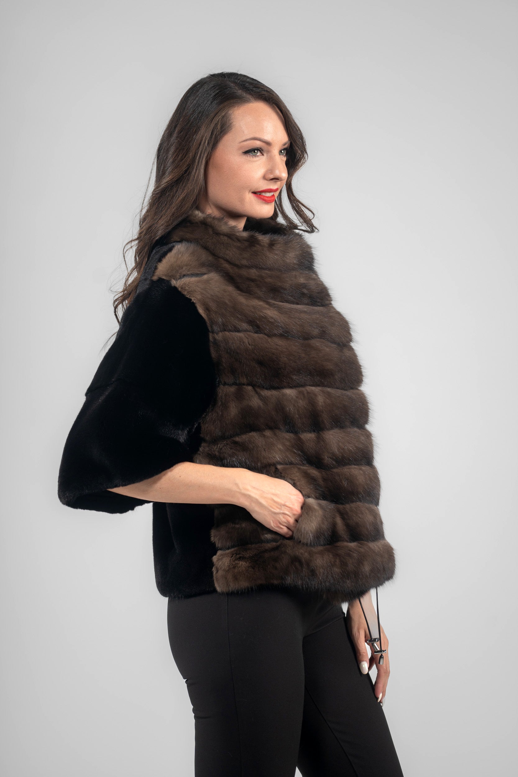 Short Sleeve Blackglama Mink Jacket with Stand Collar and Russian Sable Trim L/O16C728