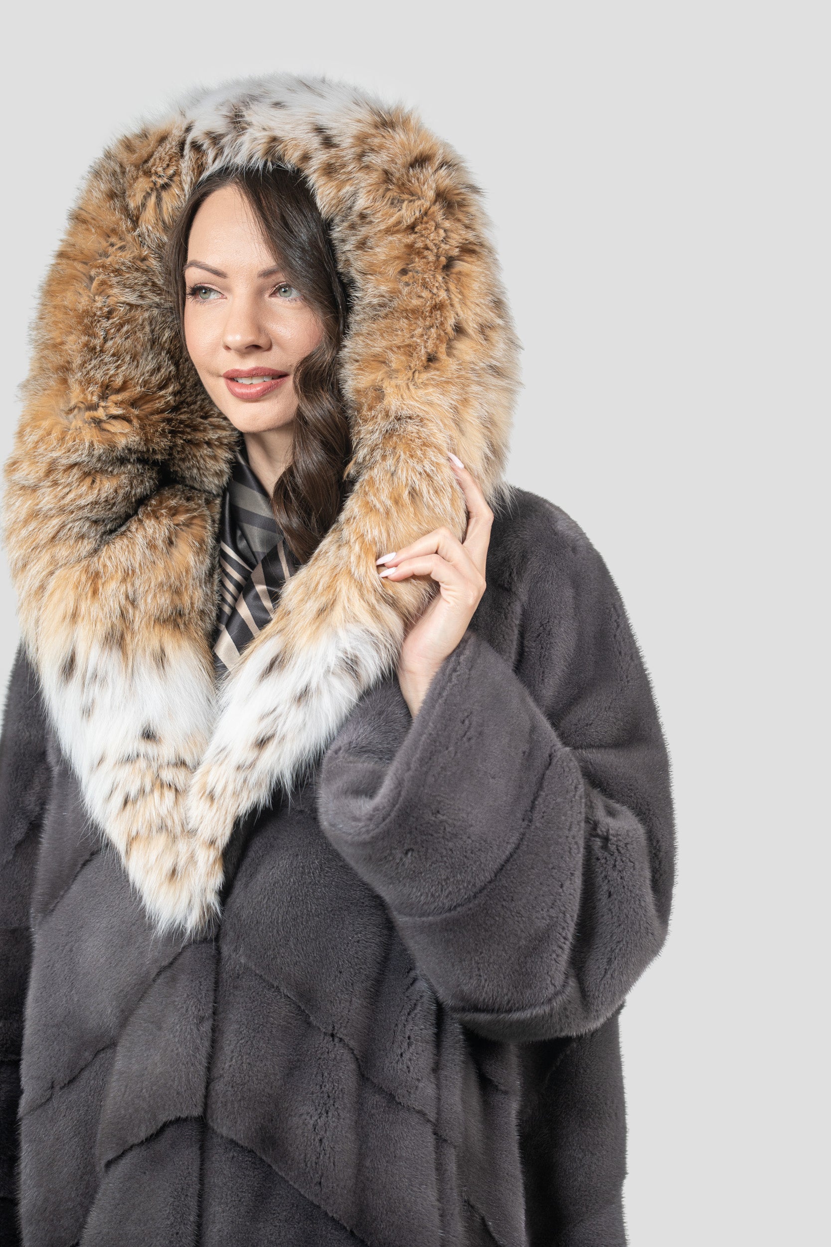 Grey Moon Mink Coat with Bobcat Hood A/K13C850