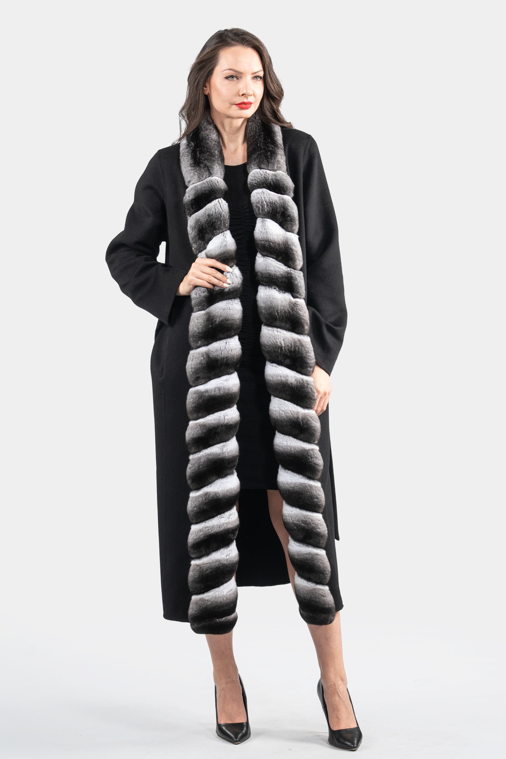 Black Cashmere Coat with Chinchilla Trim 21C3321