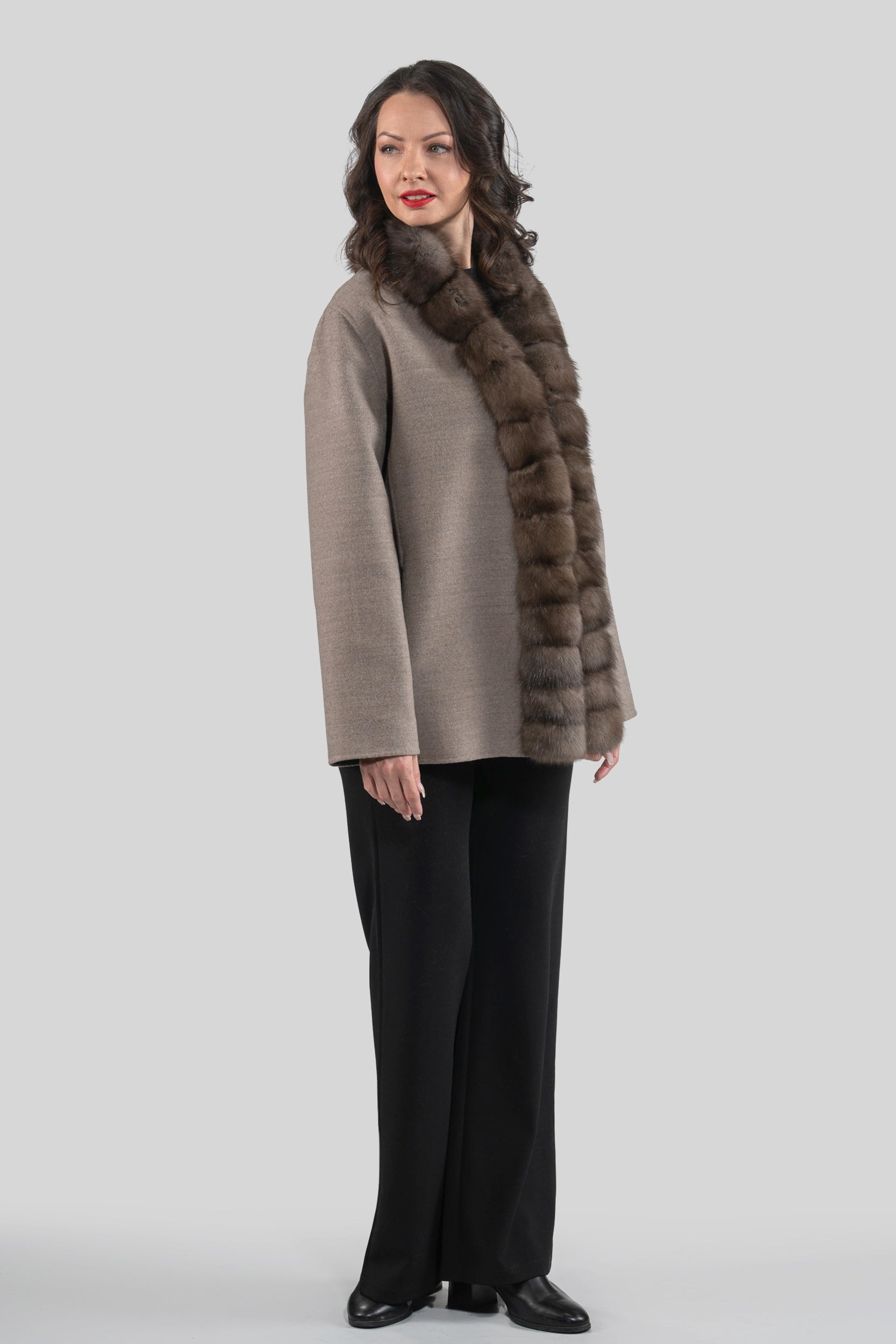 Brown Grey Cashmere Jacket with Russian Sable Trim 21C6080