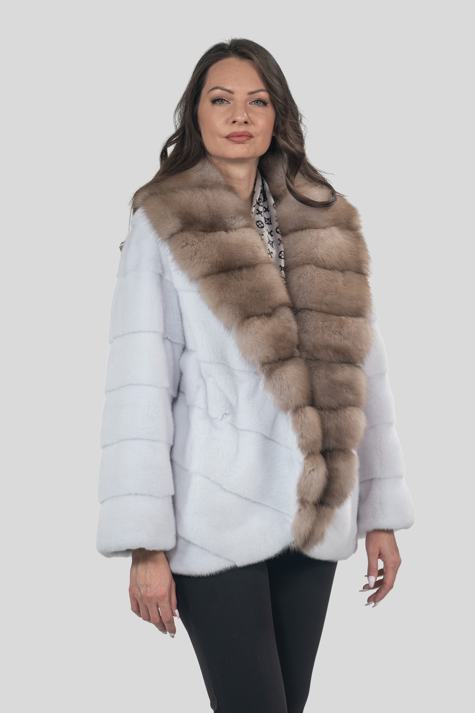 White Mink Half Coat with Baumarten Trim V/K19C123