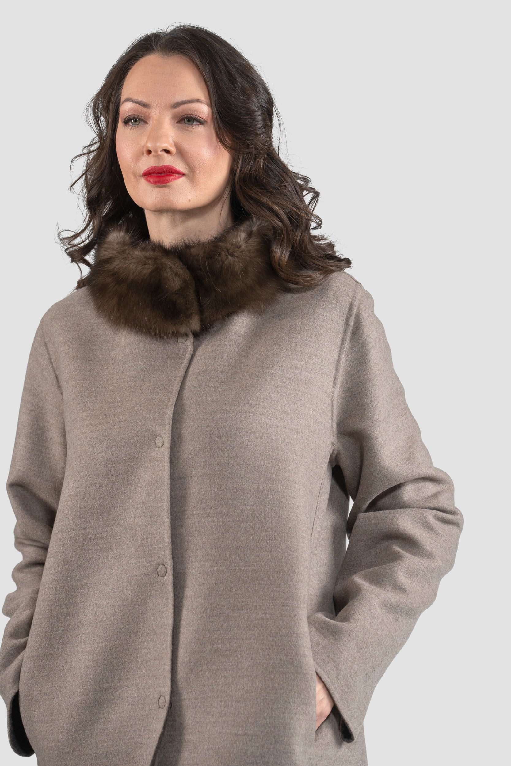 Grey Brown Cashmere Jacket with Russian Sable Stand Collar 17C8003G530