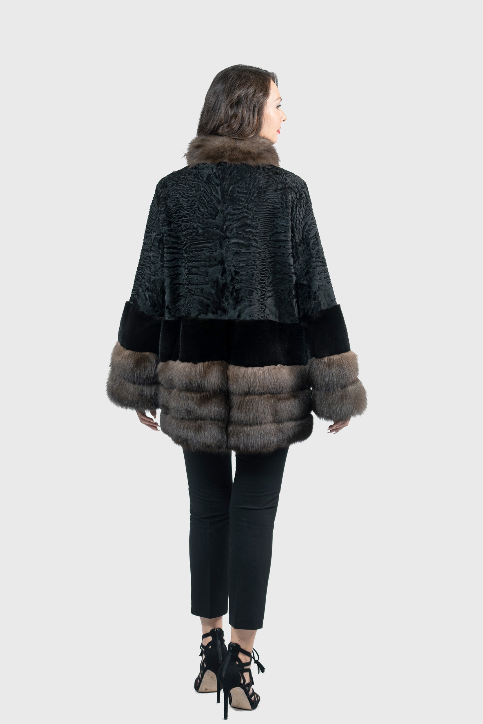 Black Swakara Half Coat with Mink and Russian Sable Trim S/SR/K16C777