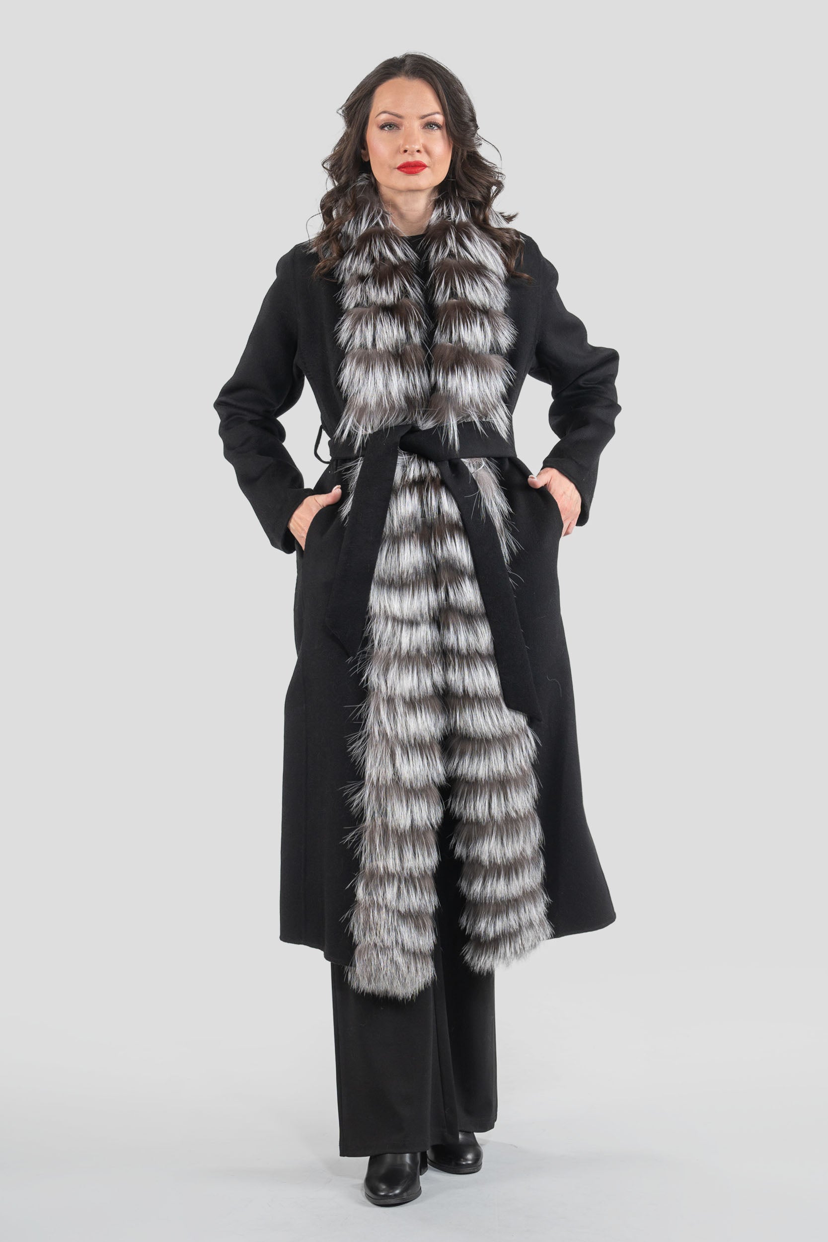 Black Cashmere Coat with Fox Trim 21C6080
