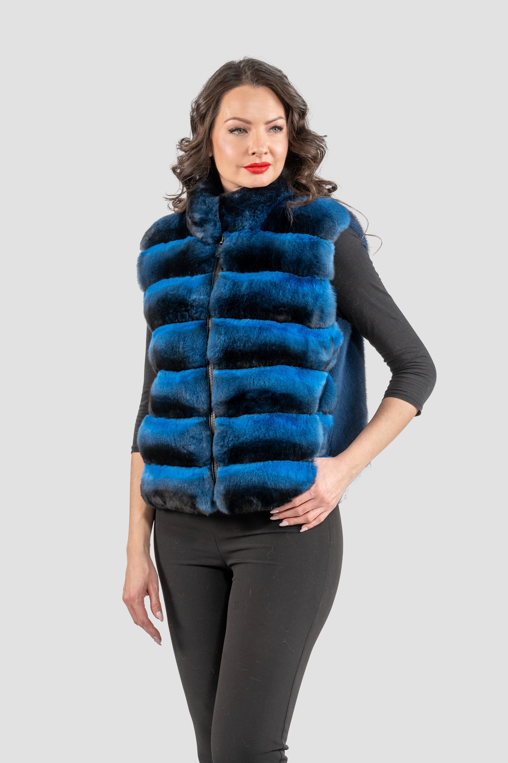 Bluejean Chinchilla Fur Vest with Stand Collar and Mink Trim P/K2201