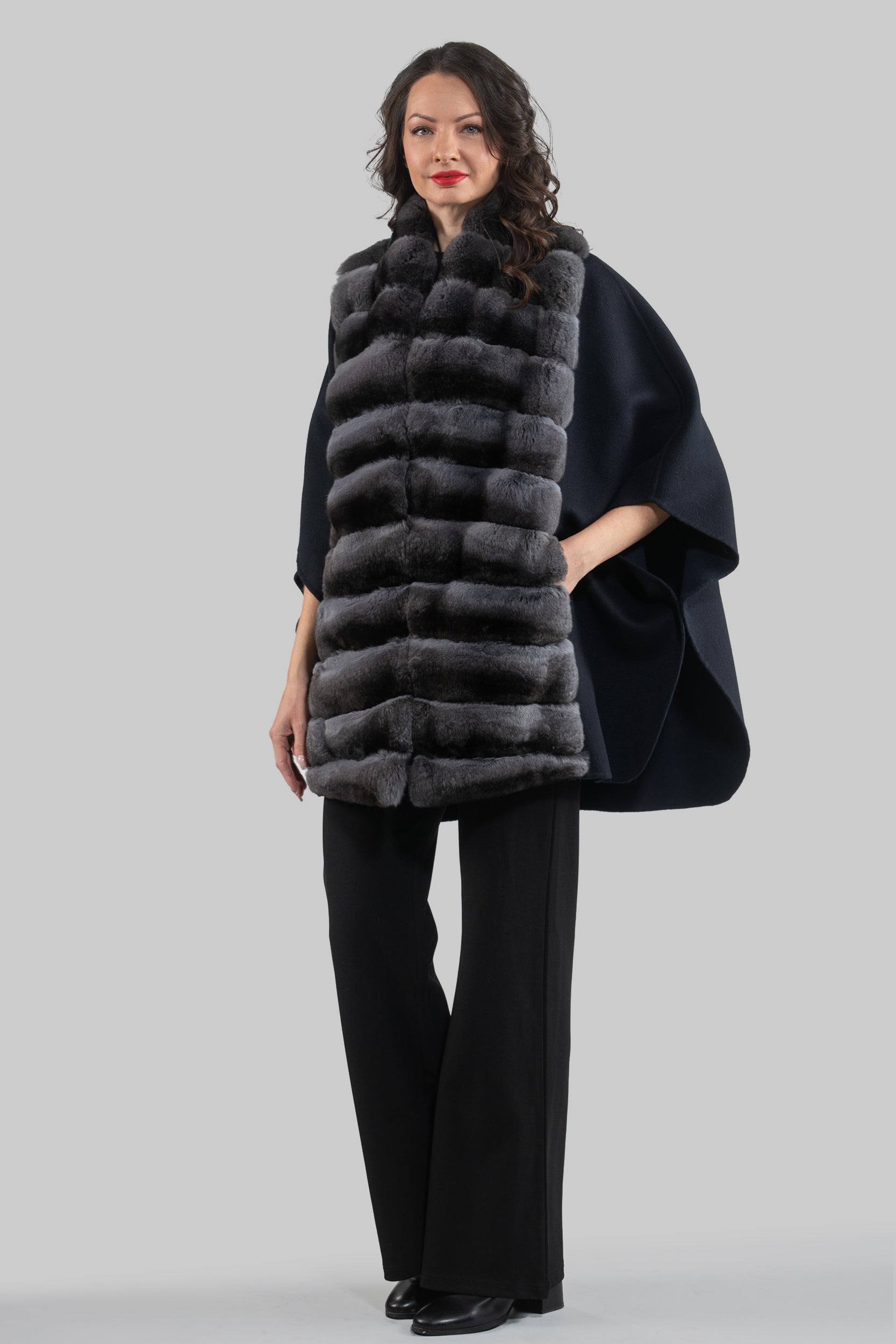 Blue Black Cashmere Cape with Oracle Chinchilla Trim 18M950