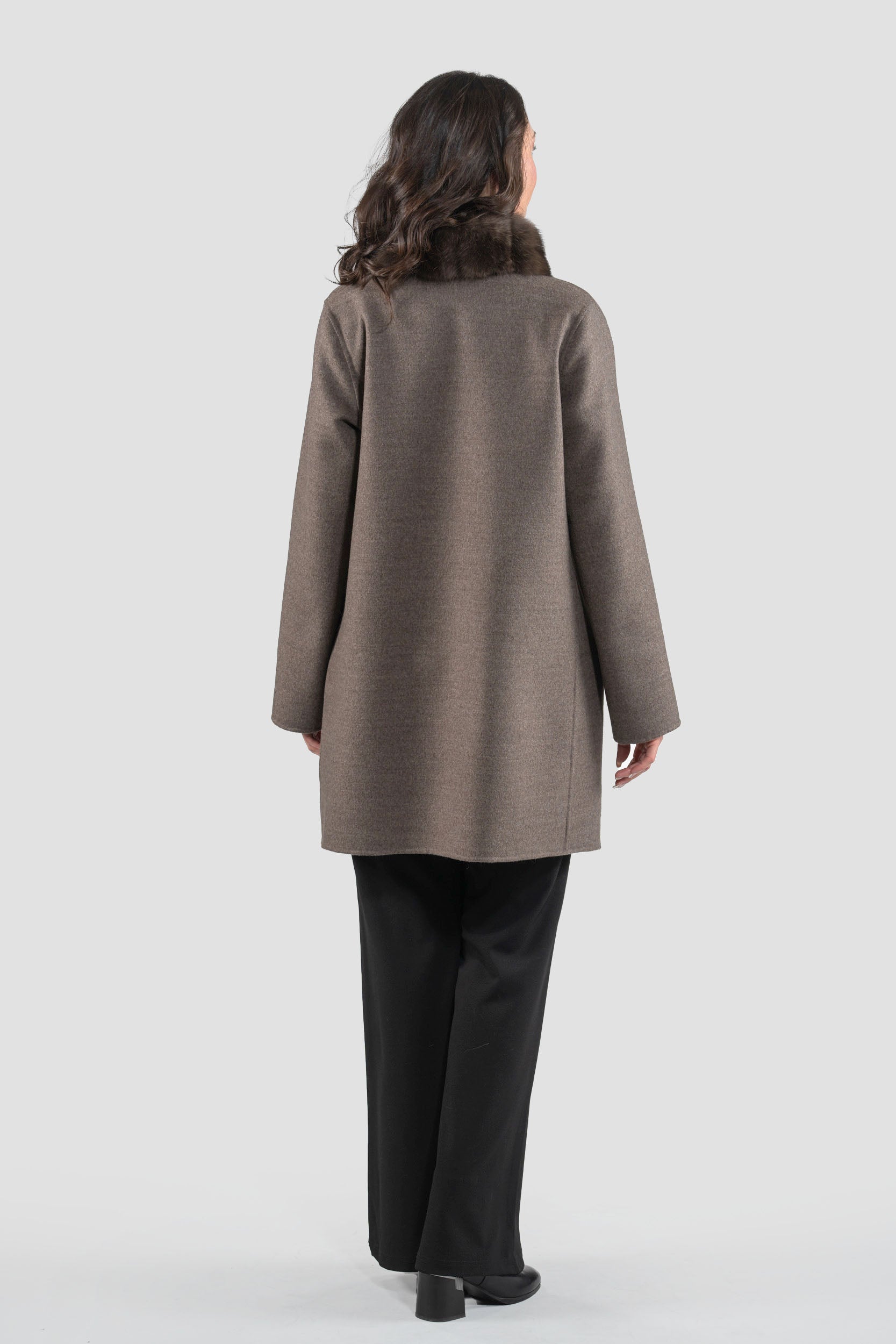 Grey Brown Cashmere Half Coat with Russian Sable Trim 21C6080