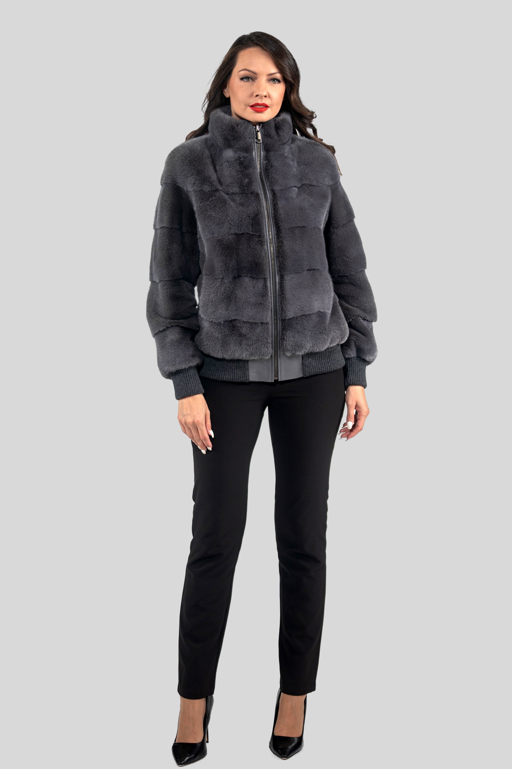 Grey Moon Mink Bomber Jacket with Stand Collar P/K13C224