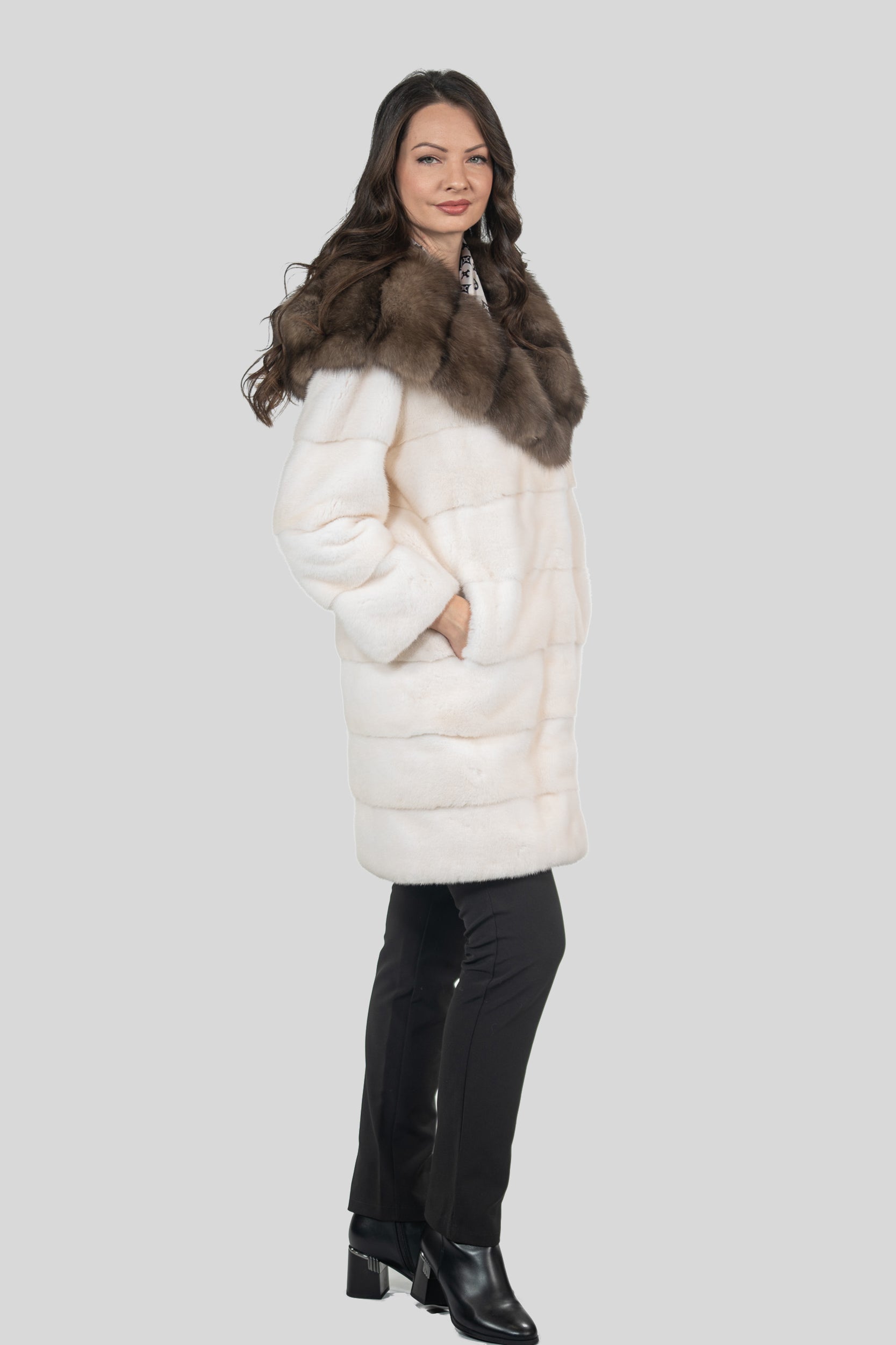 Pearl Mink Half Coat with Russian Sable Hood P/K13C540