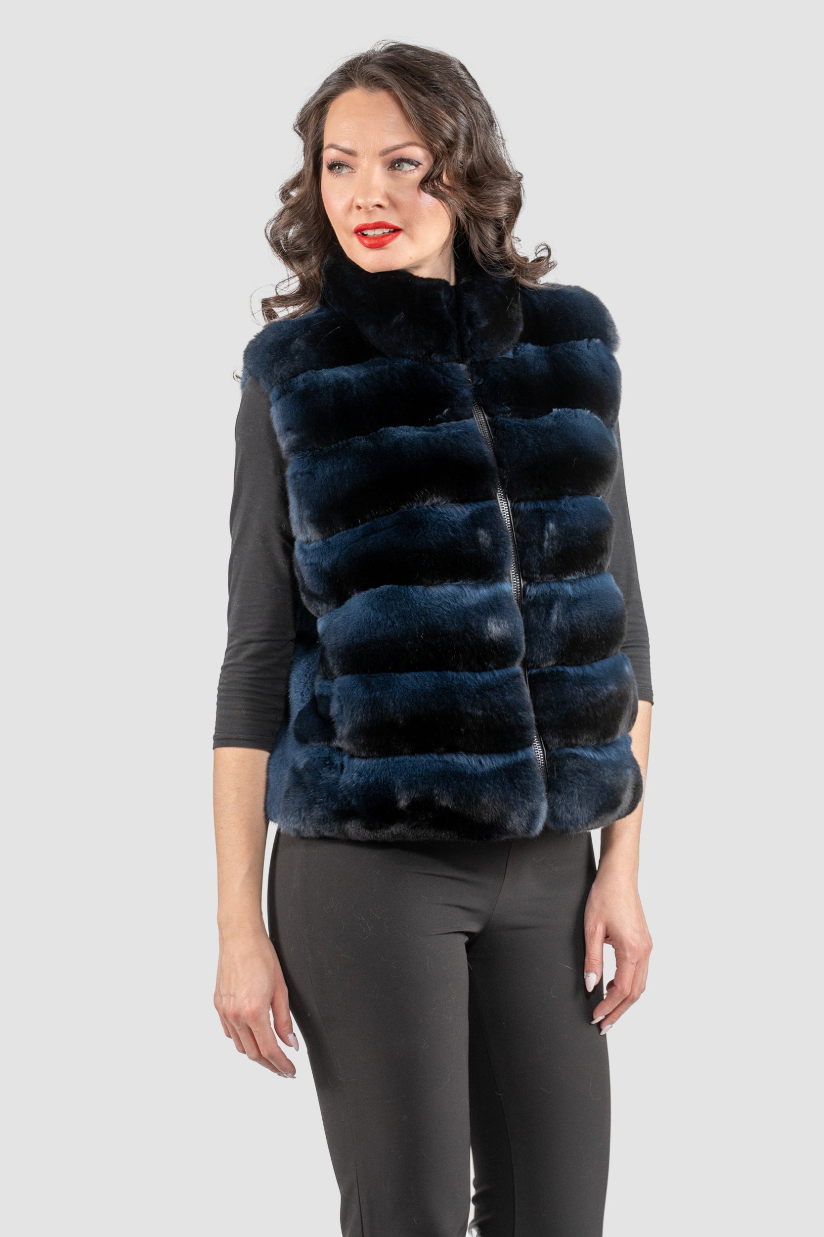 Chinchilla Fur Vest with Stand Collar and Mink Trim in Blue Black P/K2201