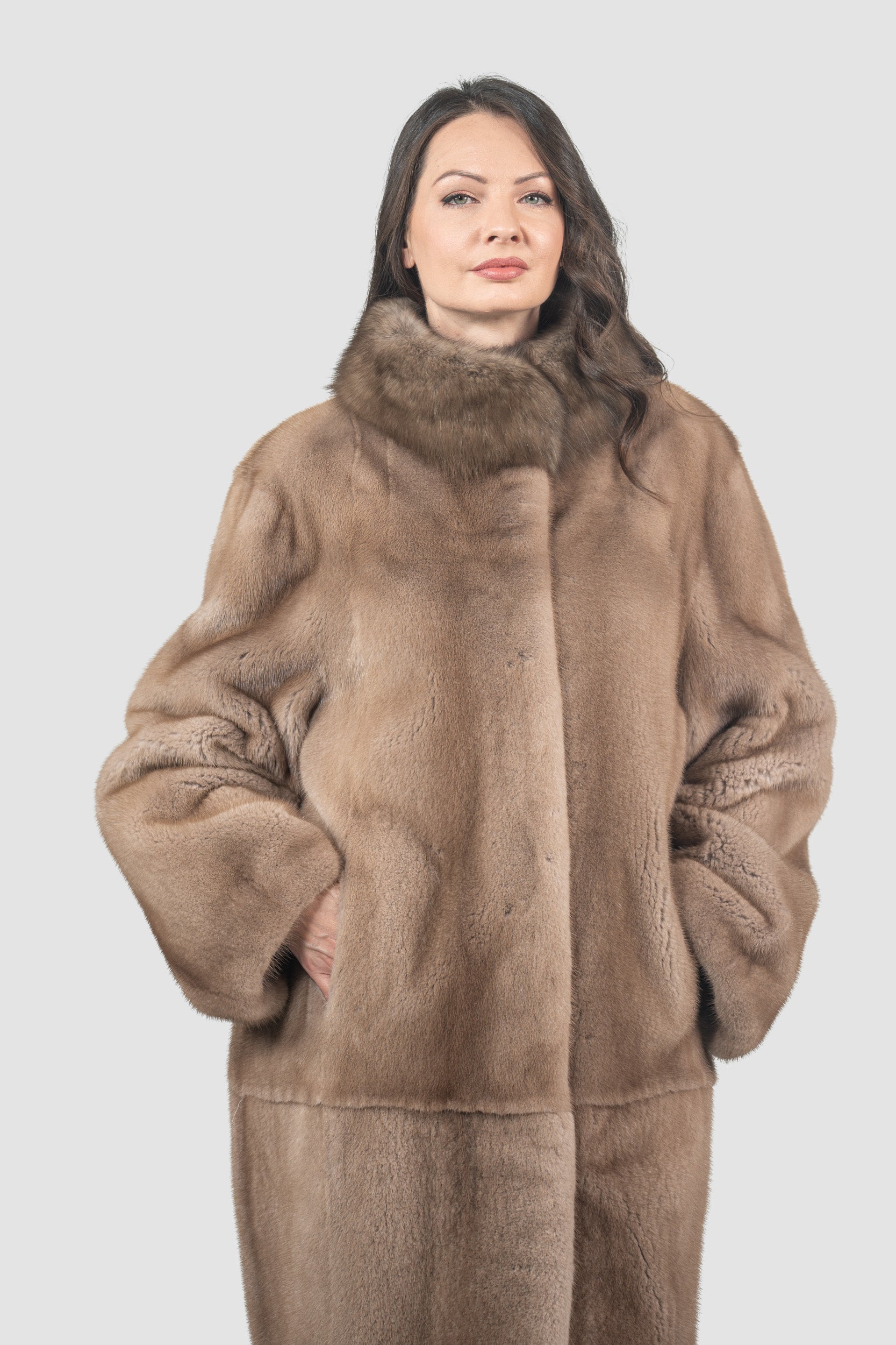 Pastel Mink Half Coat with Russian Sable-Trimmed Stand Collar CLER
