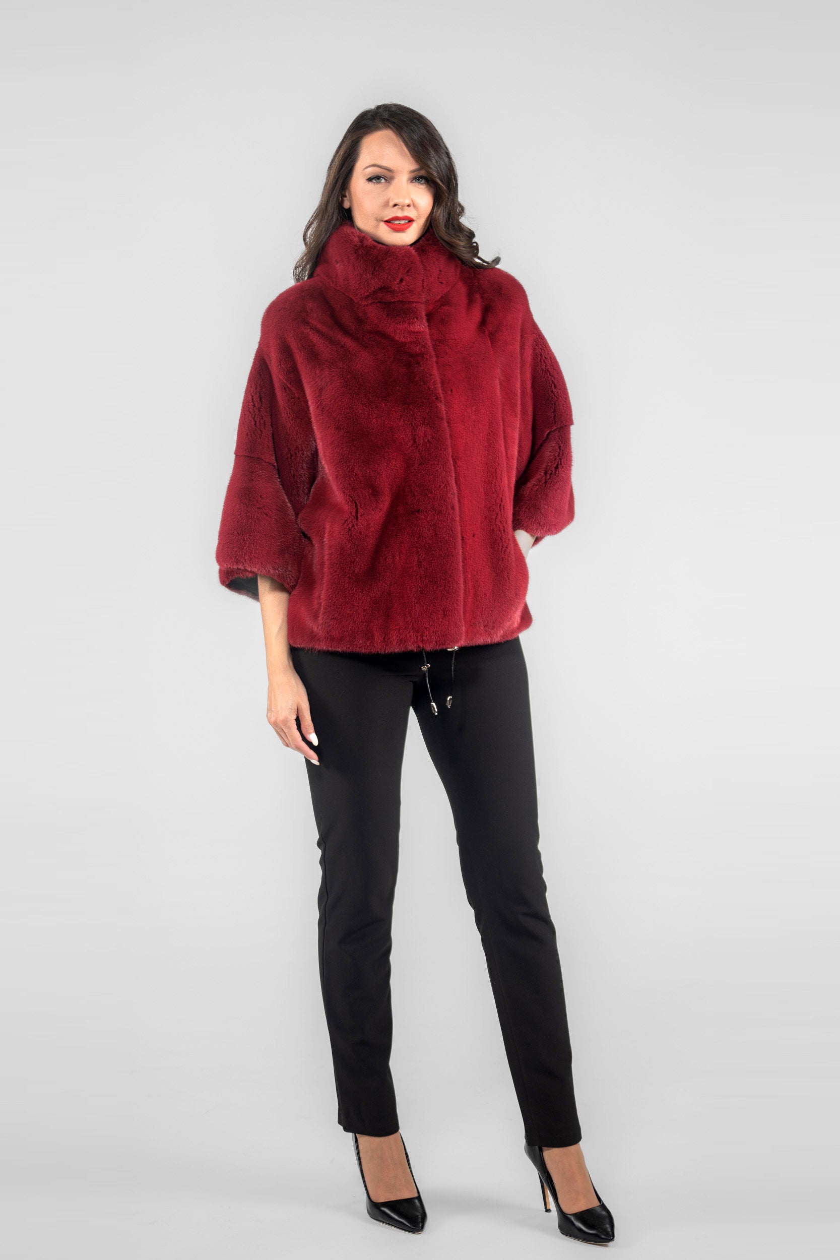 Cerise Mink Jacket with Stand Collar and Short Sleeves L/O13C138