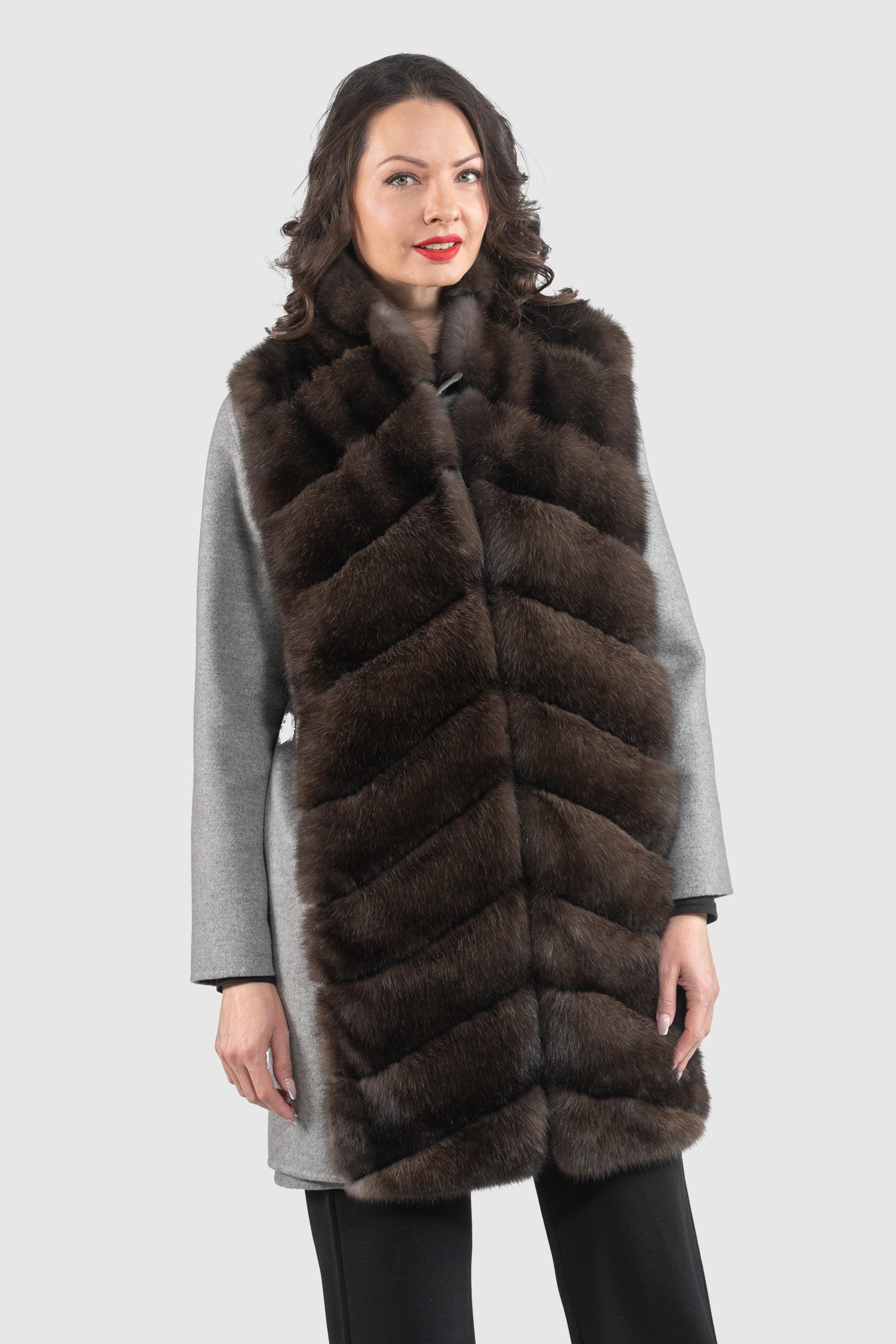 Grey Cashmere Half Coat & Vest with Russian Sable Trim 17C8003