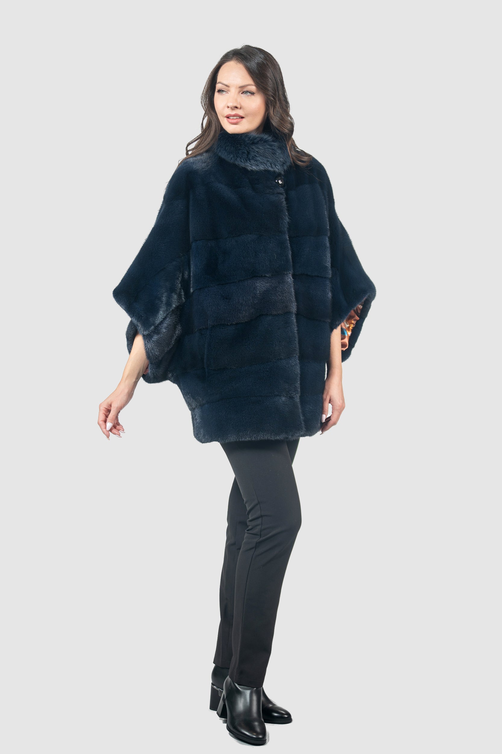 Blue Black Mink Cape with Russian Sable Stand Collar P/K13C959