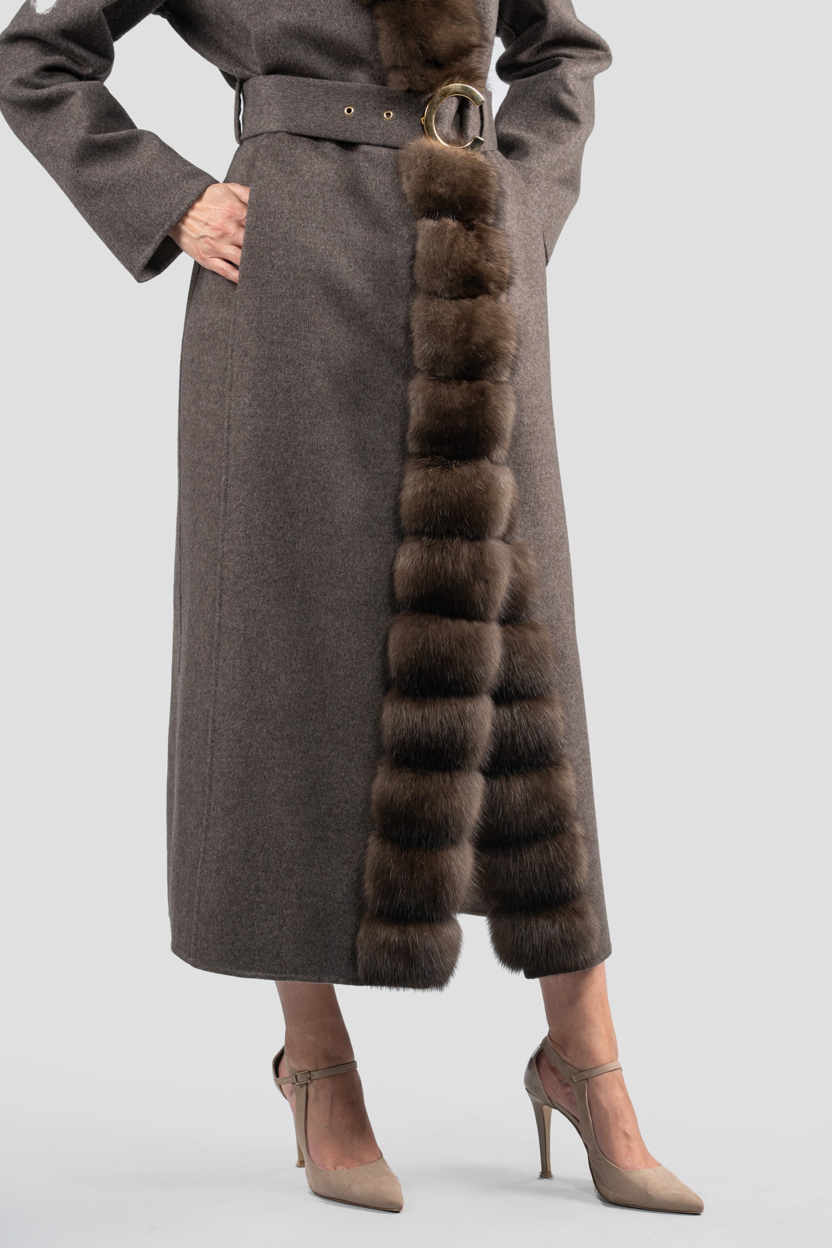 Brown Grey Cashmere Coat with Russian Sable Trim 21C6080