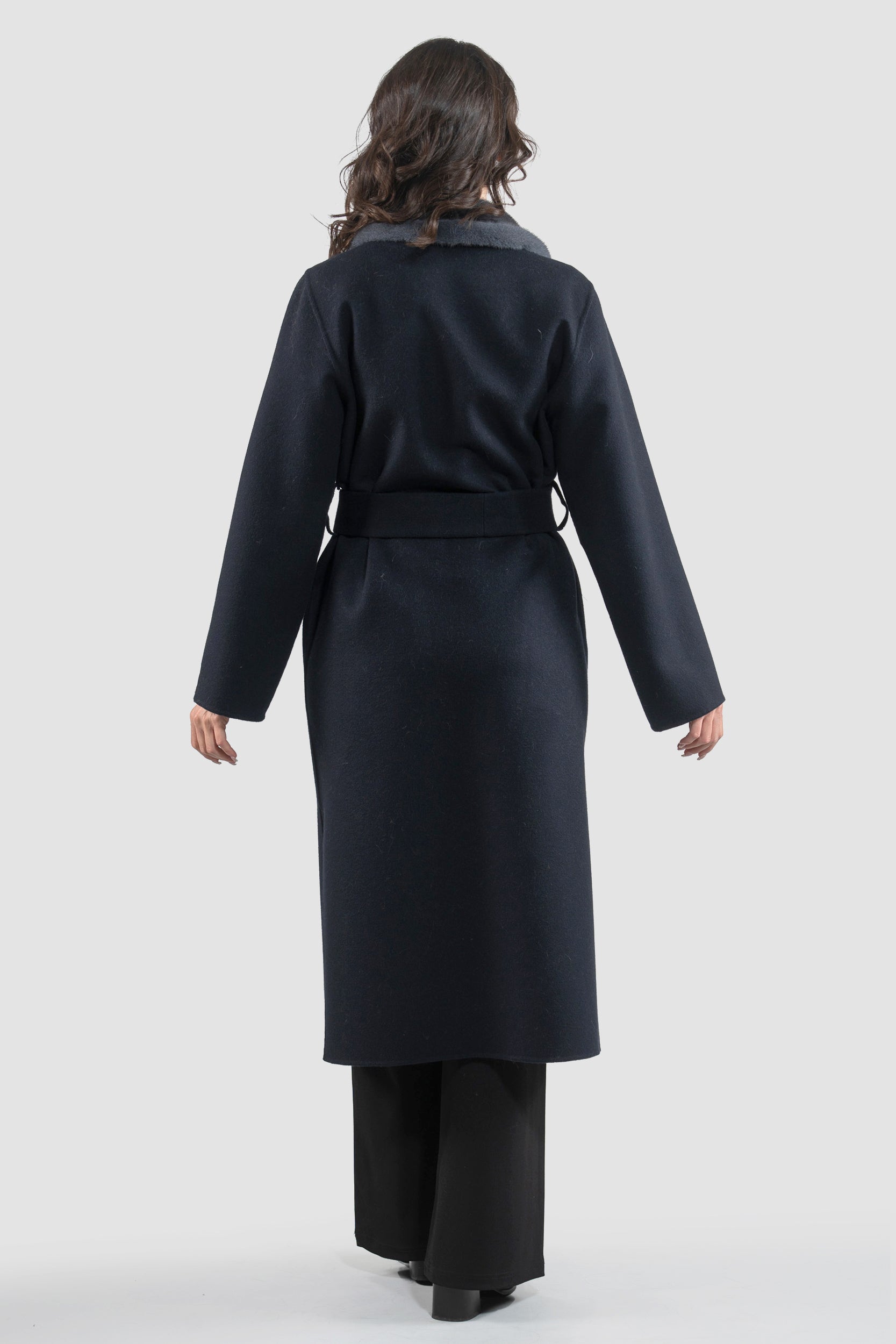 Blue Black Cashmere Coat with Mink Trim 3321