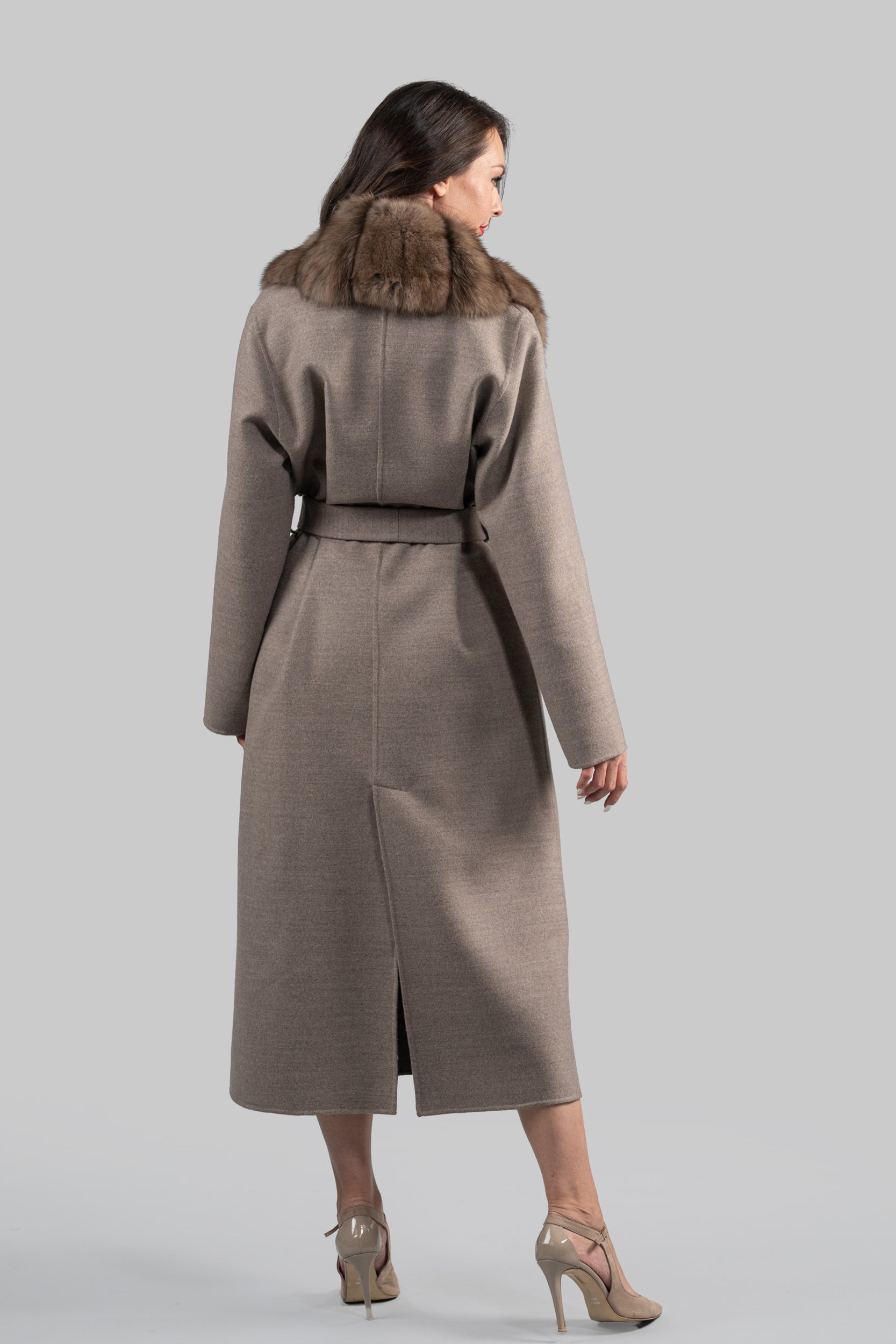 Brown Gray Cashmere Coat with Russian Sable Shawl Collar 20C8070