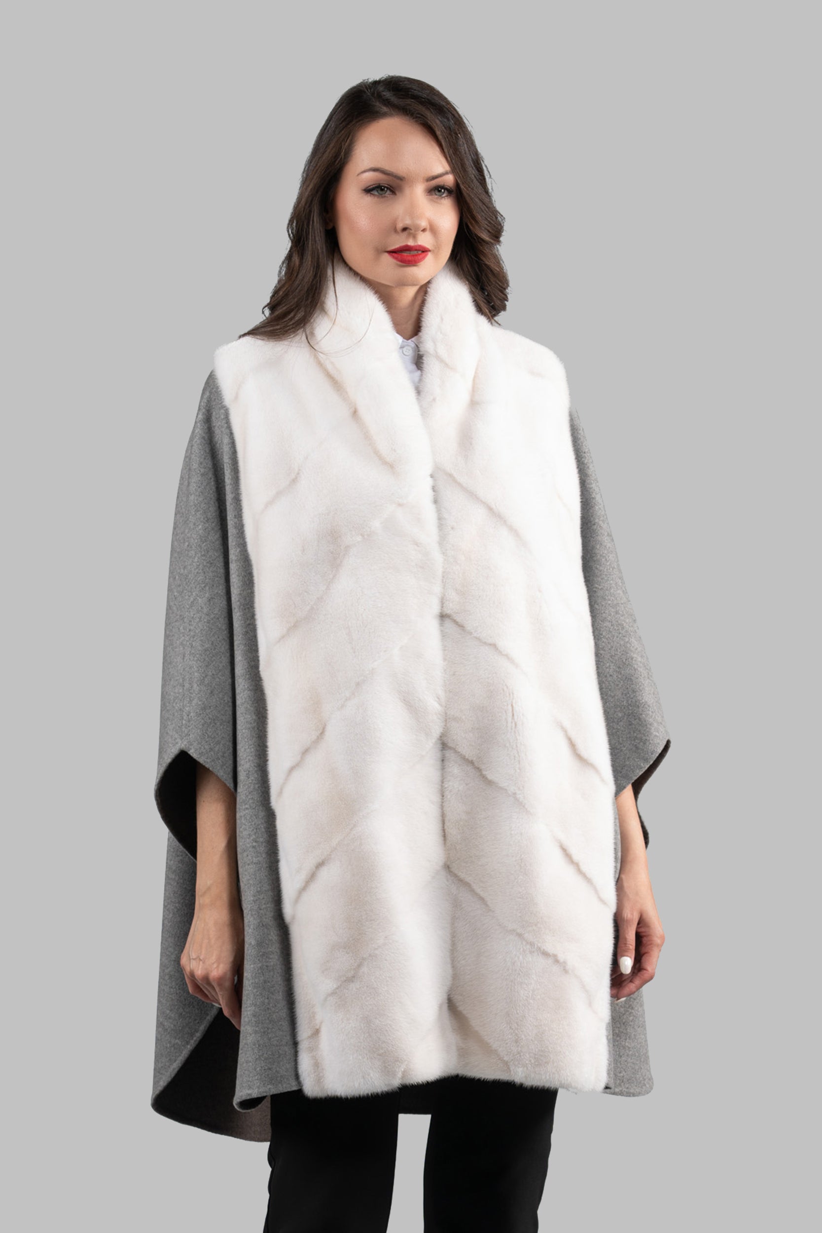 Grey Brown Cashmere Cape with Mink Trim 18M950