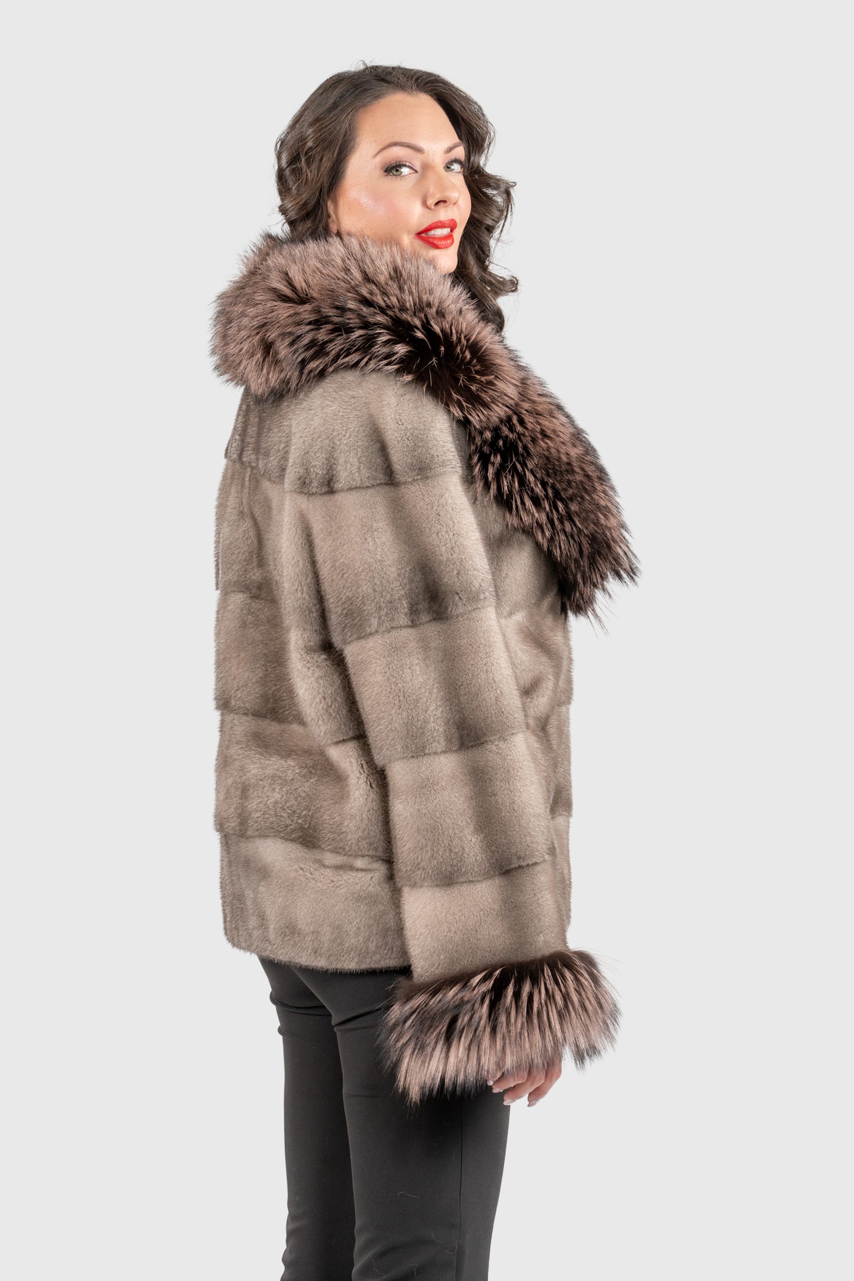 Silver Blue Mink Fur Jacket with Fox Shawl Collar and Cuffs P/K13C528C17