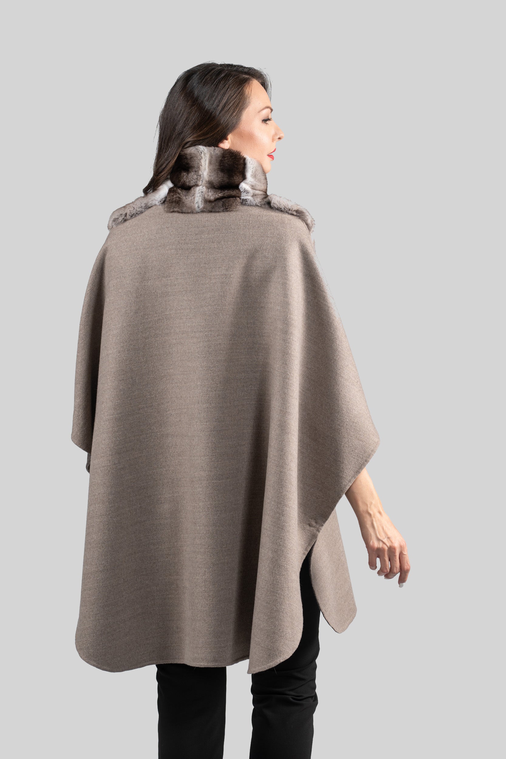 Grey Brown Cashmere Cape with Chinchilla Trim 18M950