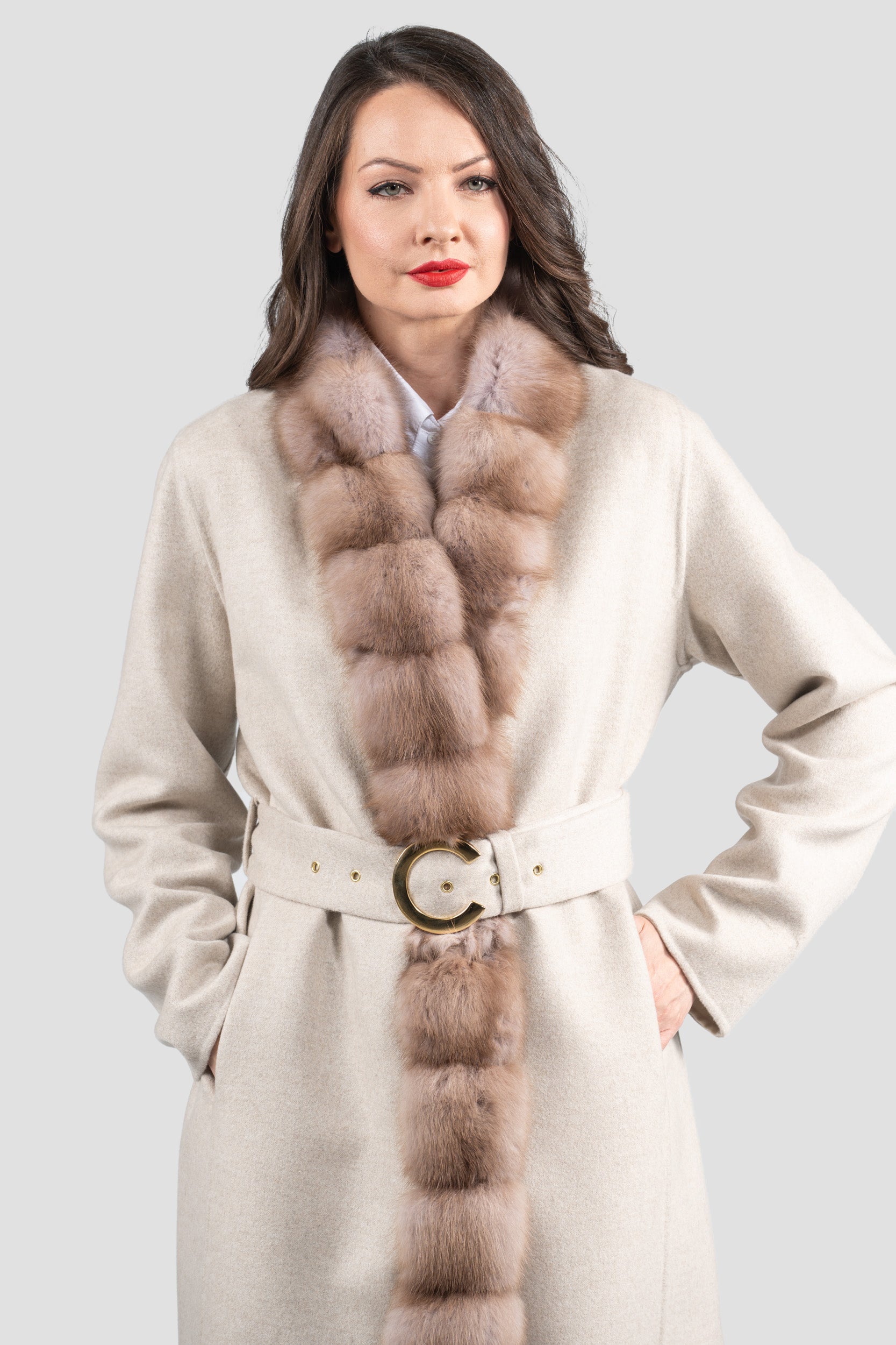 White Ecru Cashmere Coat with Russian Sable Trim 21C6080