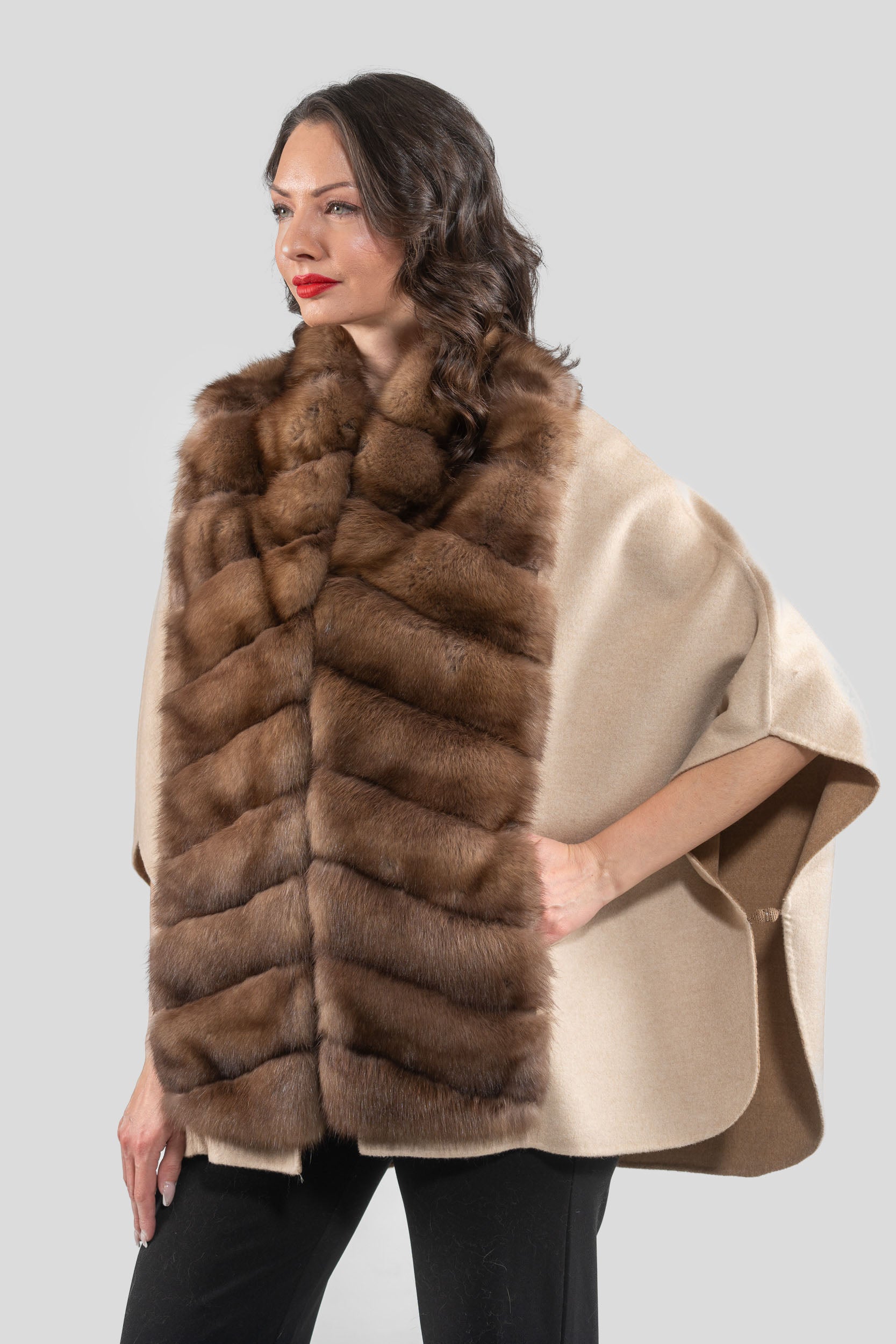 Beige Cashmere Cape with Russian Sable Trim 18M95088