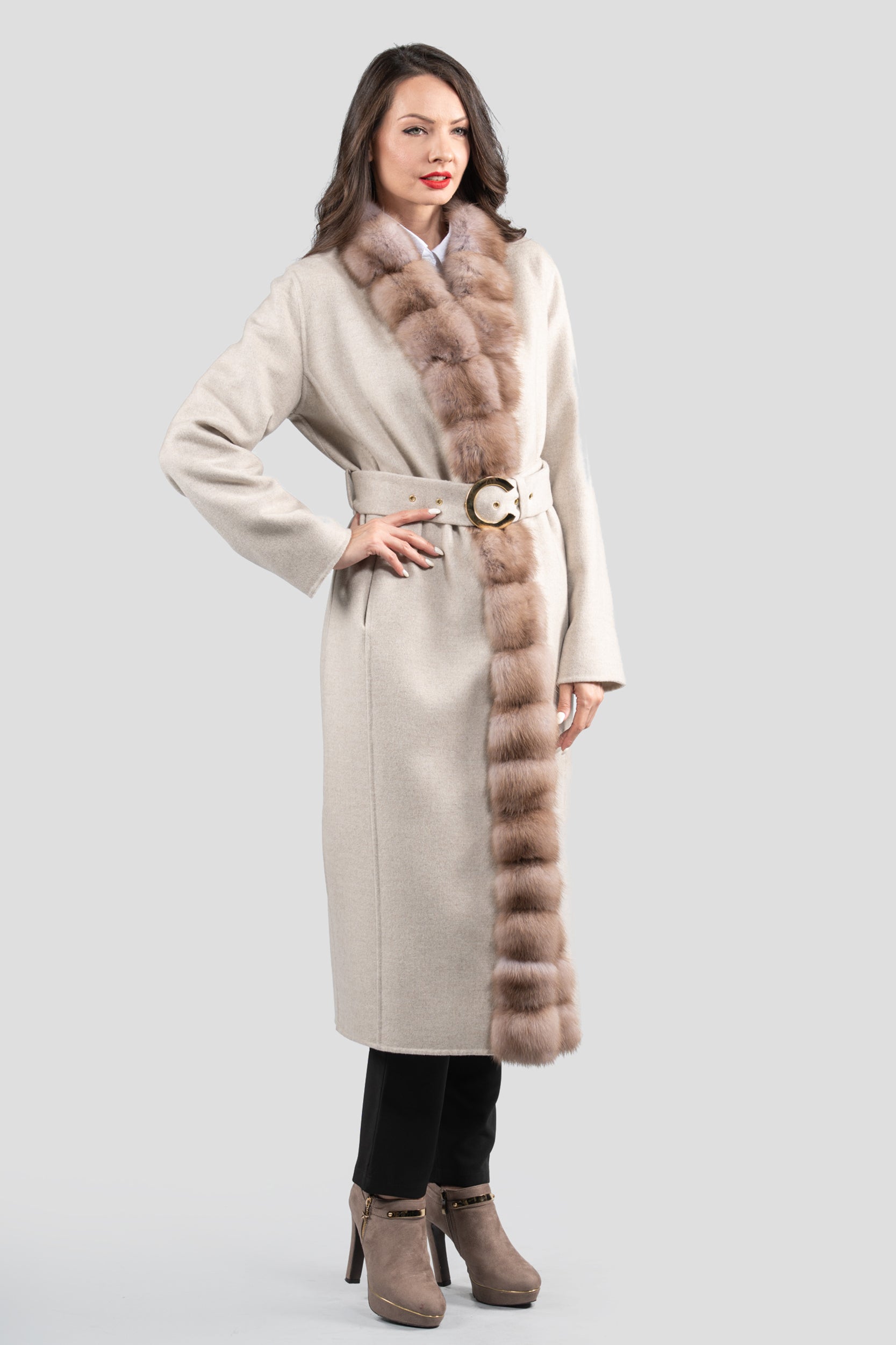 White Ecru Cashmere Coat with Russian Sable Trim 21C6080