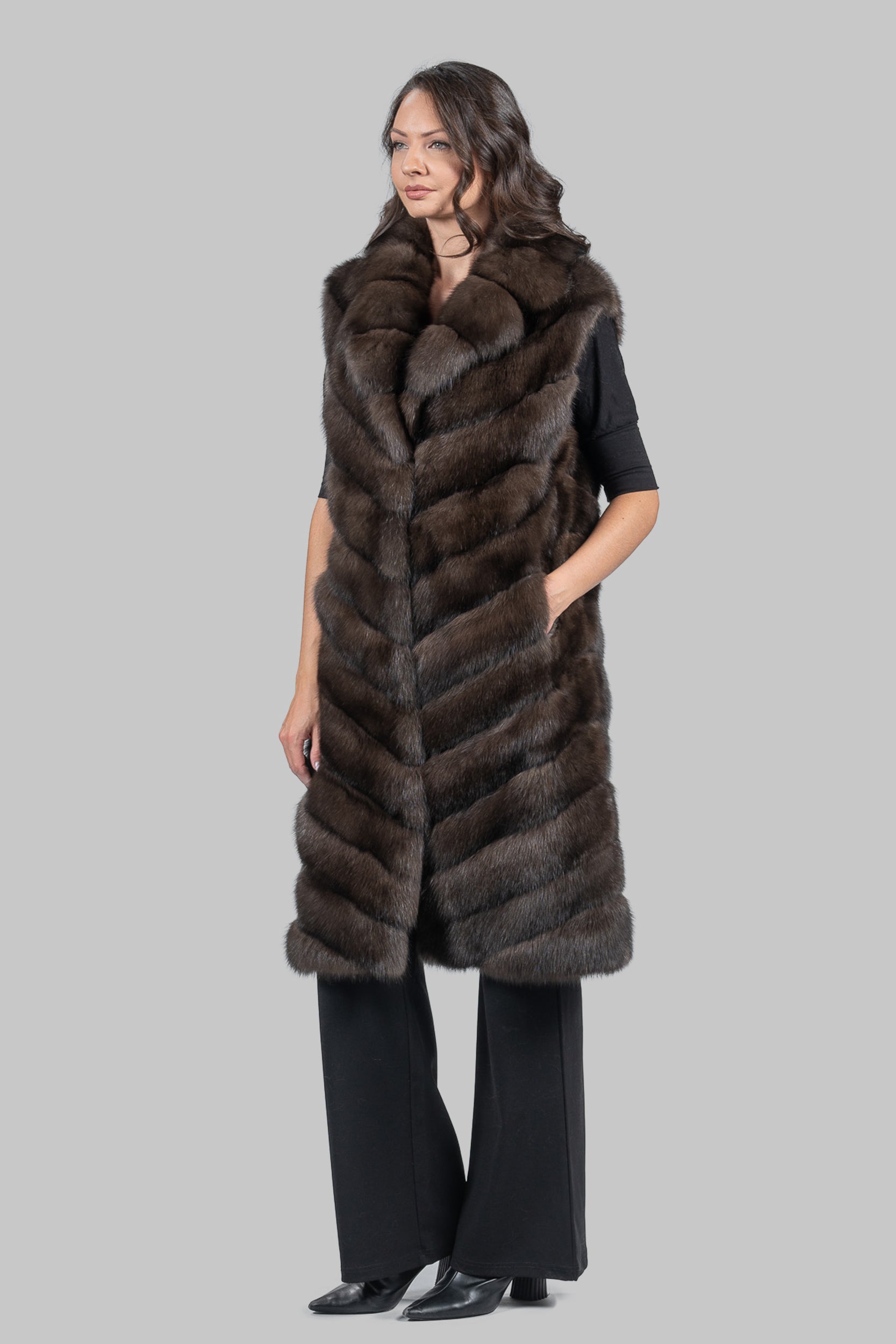 Dark Sable Long Vest with Notch Collar V/K13c519s20