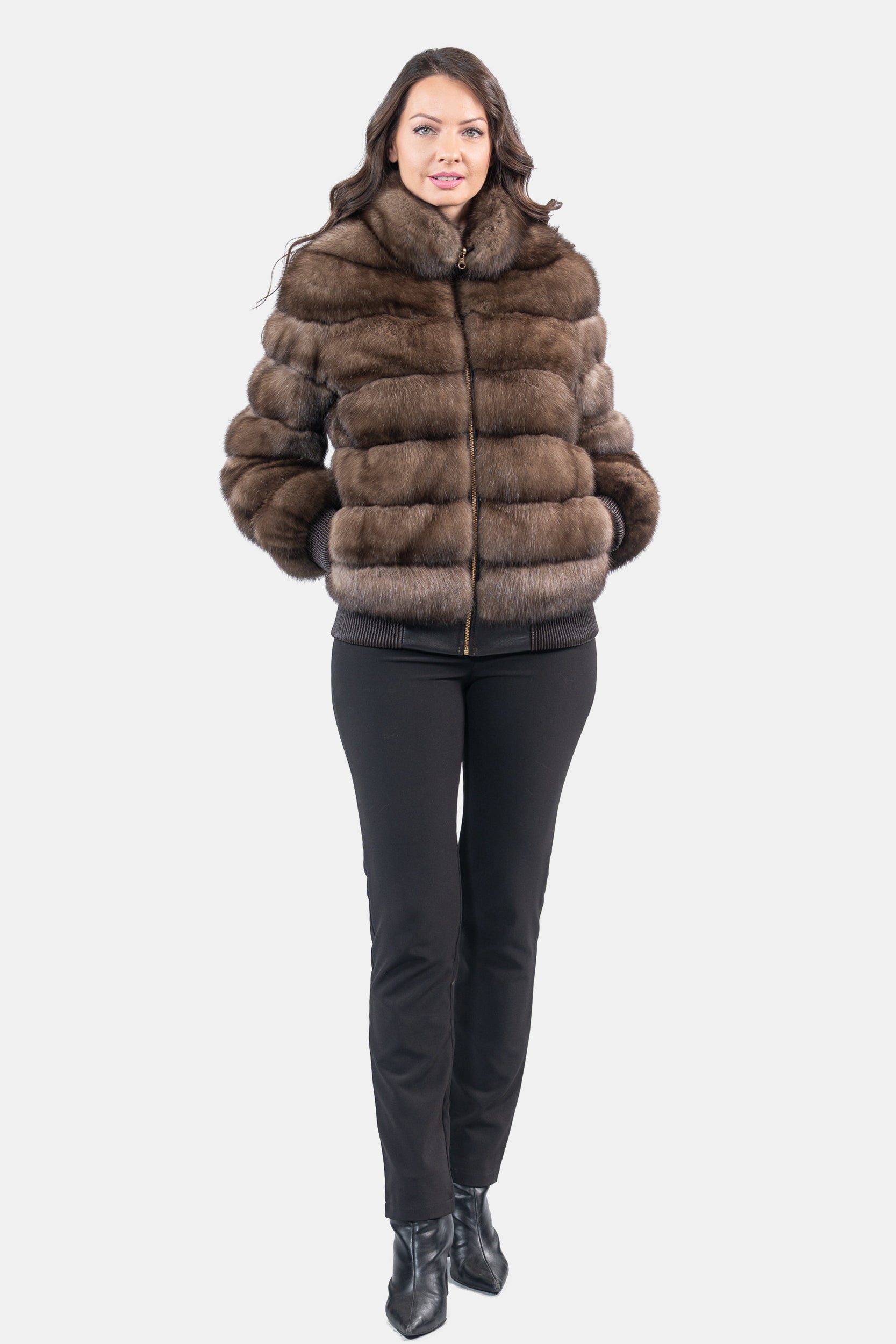 Reversible Titanium Russian Sable Bomber Jacket with Stand Collar P/K228