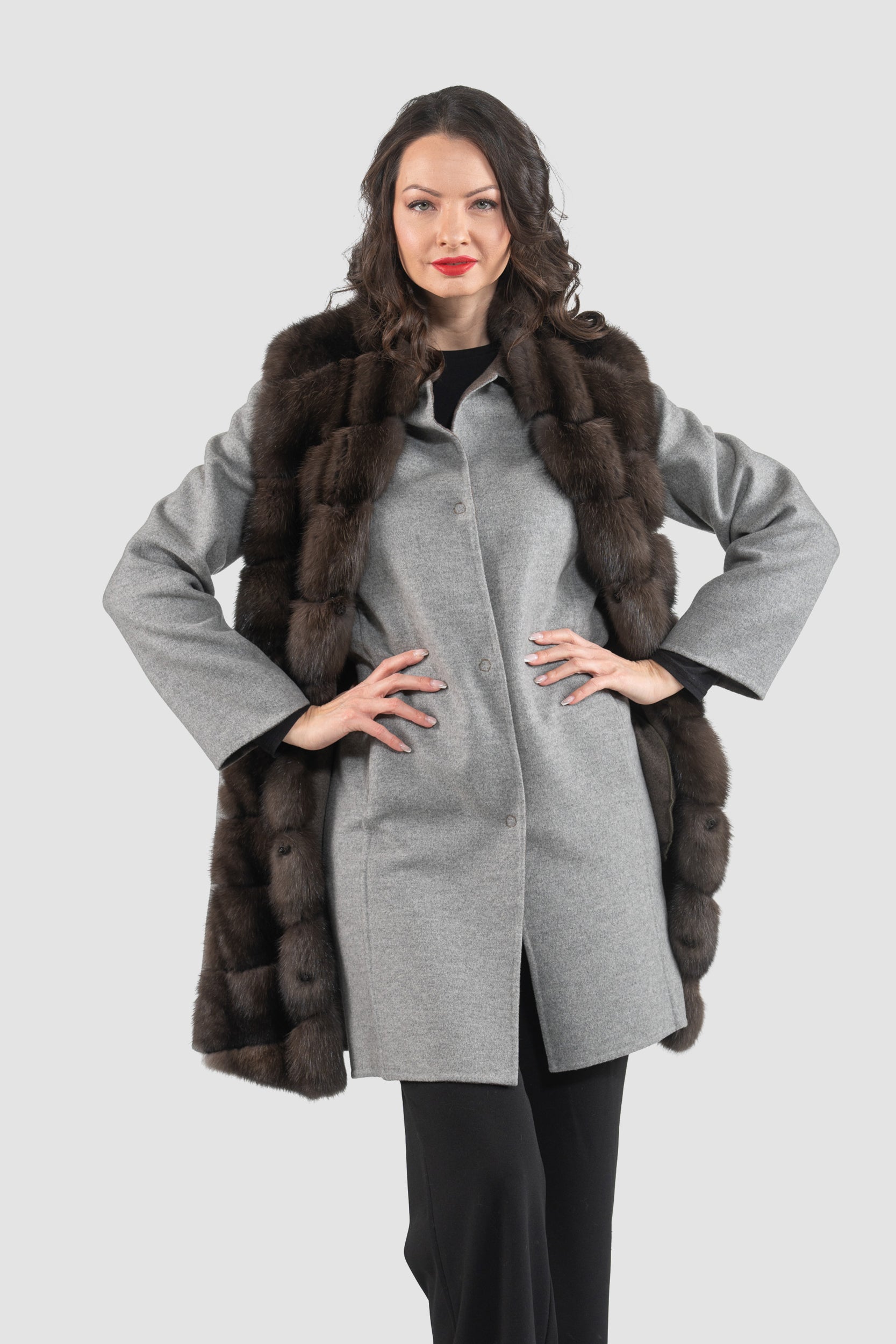 Grey Cashmere Half Coat & Vest with Russian Sable Trim 17C8003
