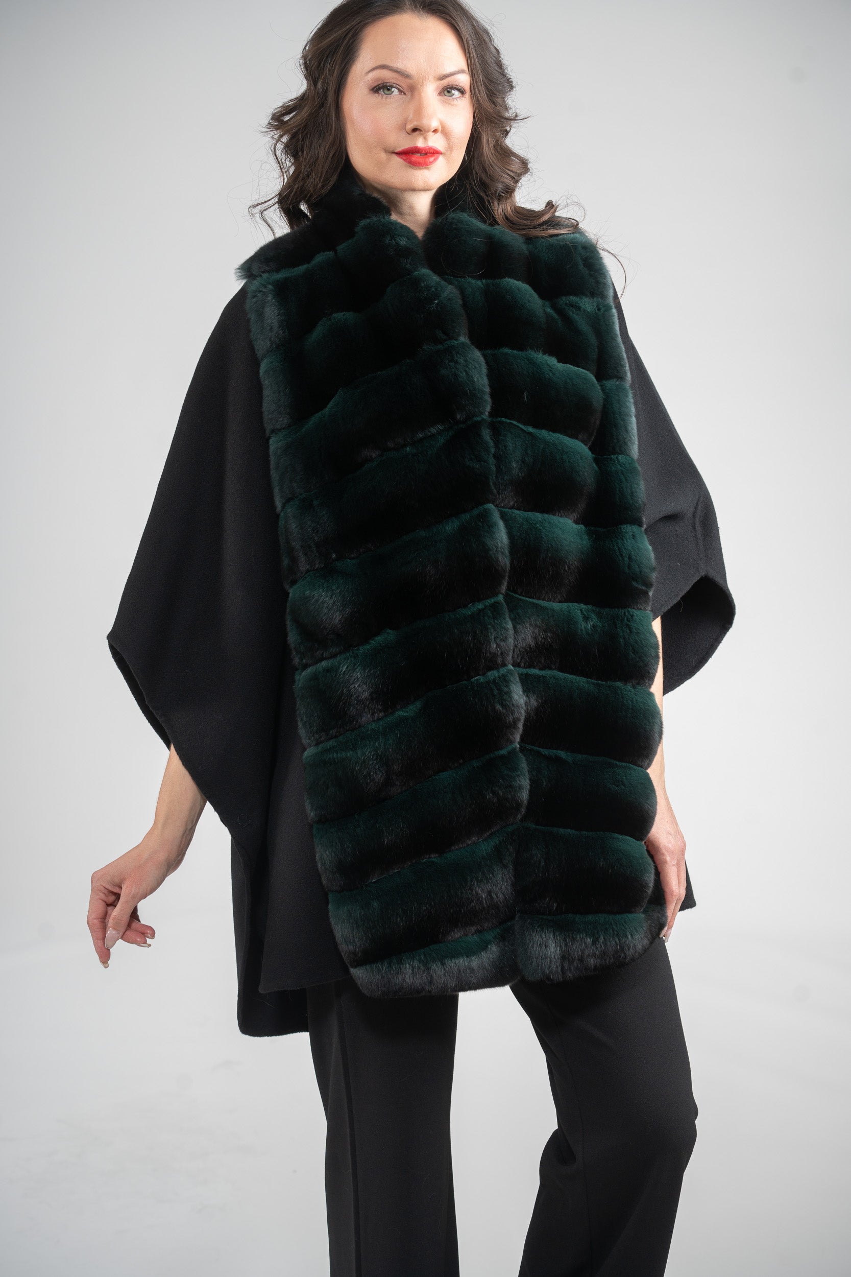 Black Cashmere Cape with Green Chinchilla Trim 18M950