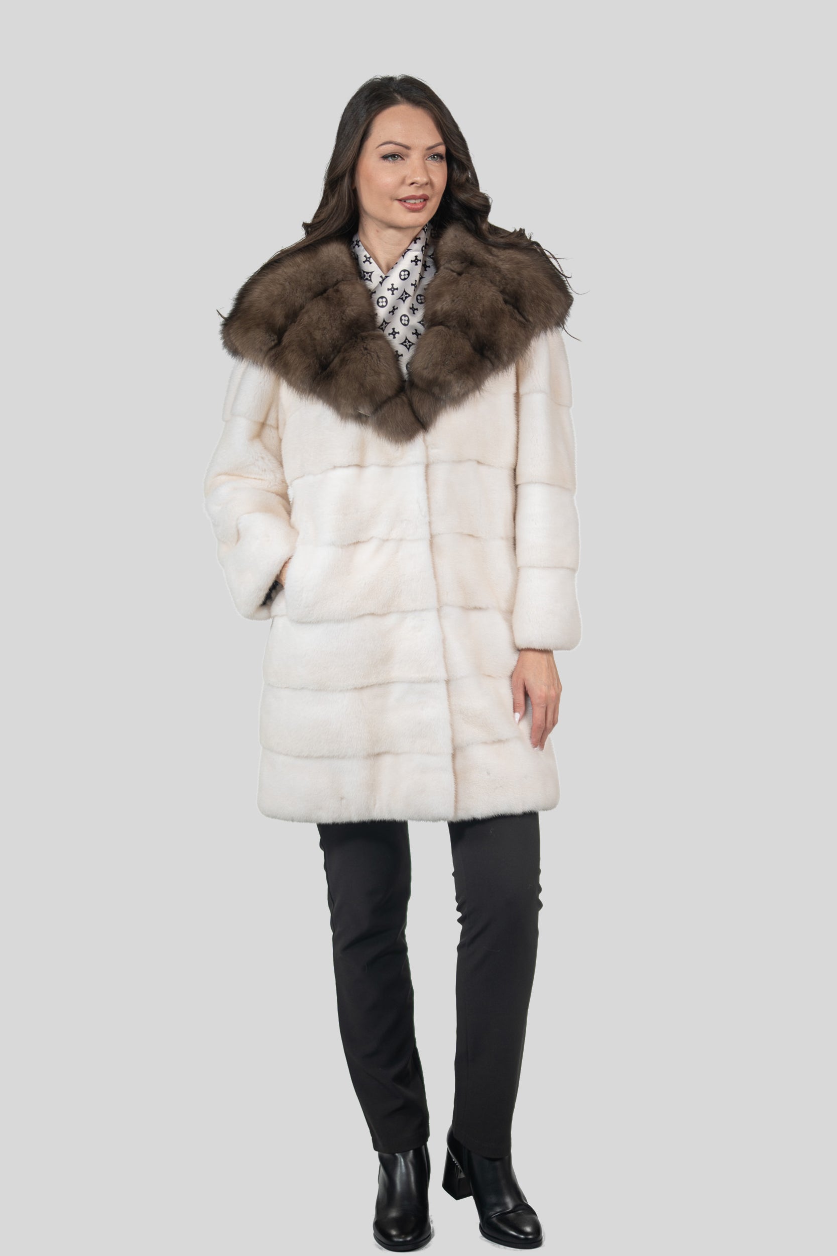 Pearl Mink Half Coat with Russian Sable Hood P/K13C540