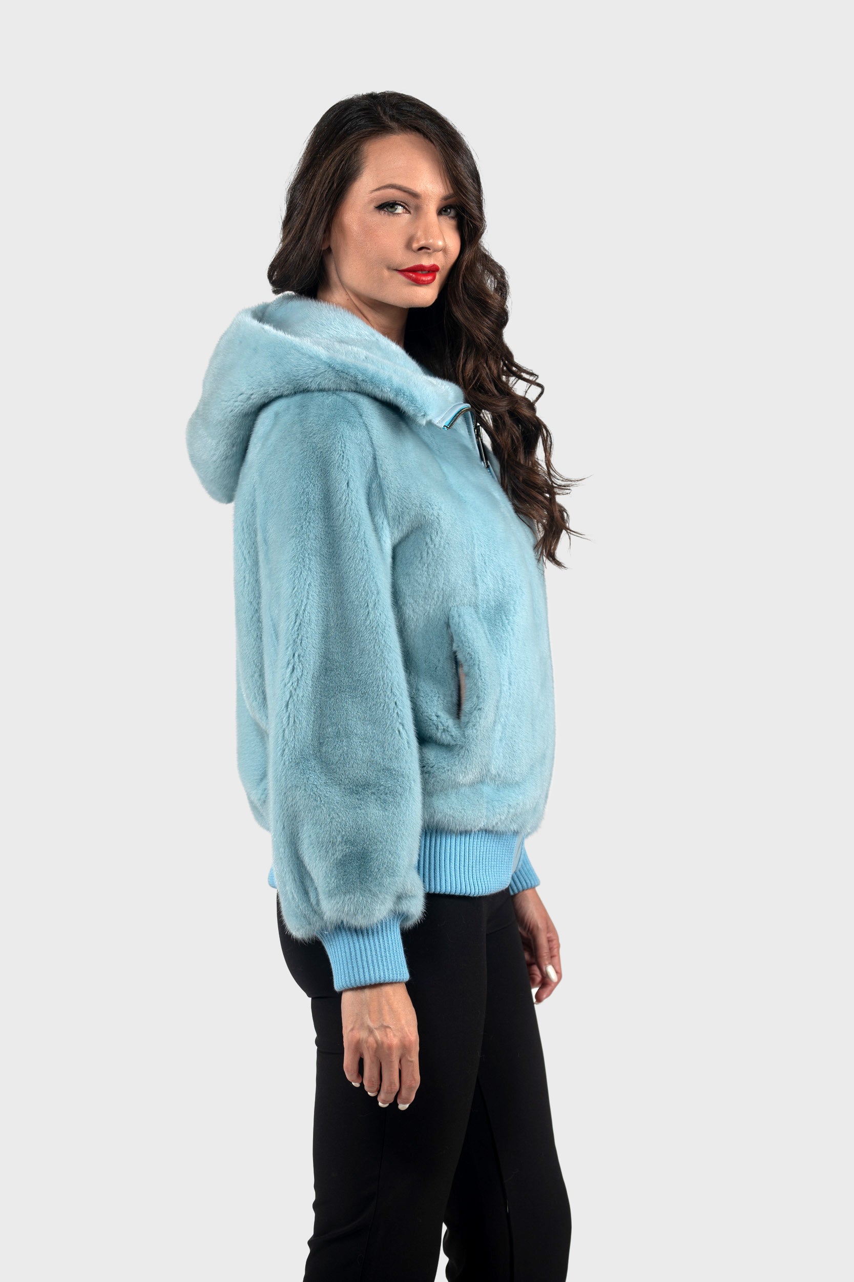 Mint Mink Bomber Jacket with Hood L/O13C224H