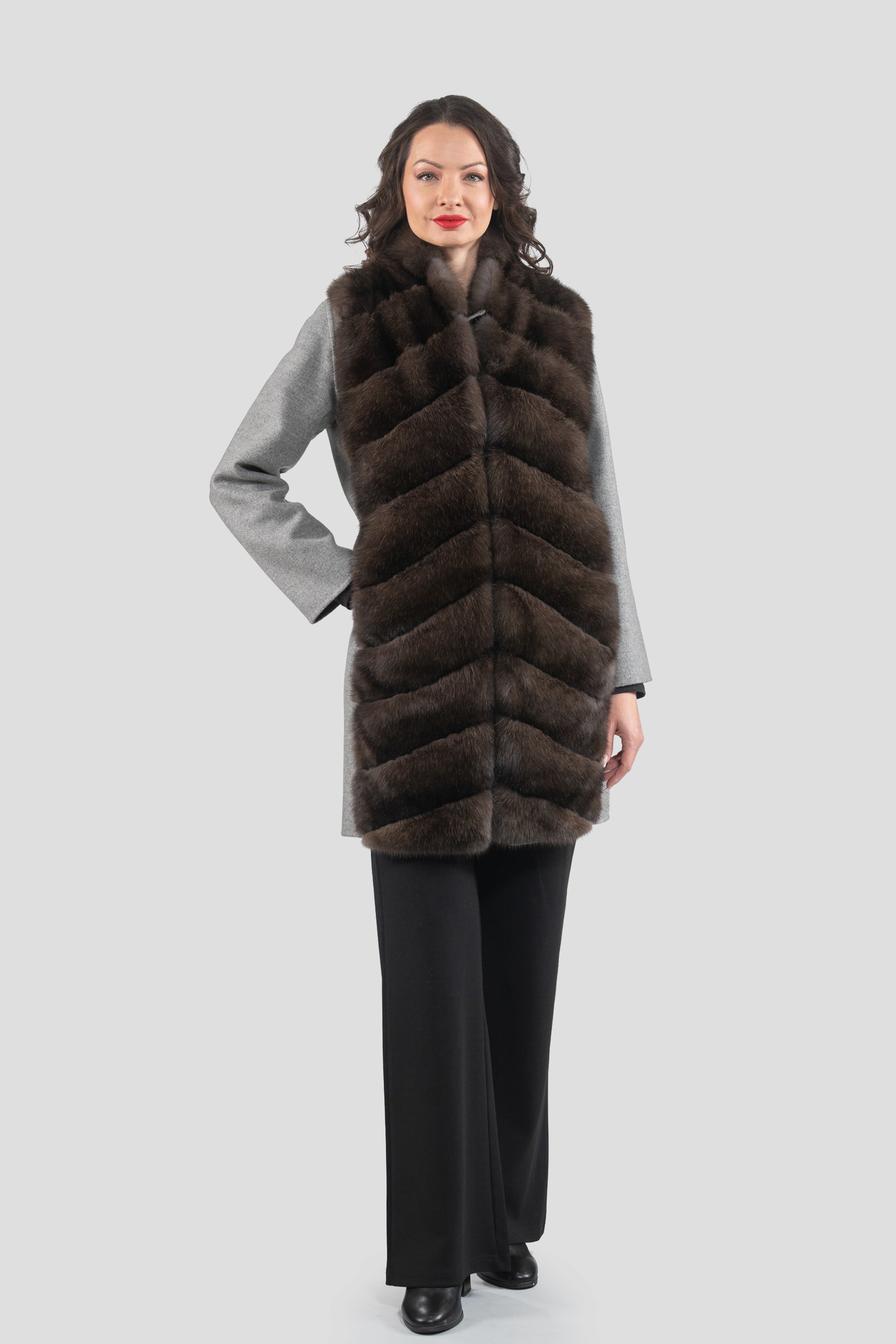 Grey Cashmere Half Coat & Vest with Russian Sable Trim 17C8003