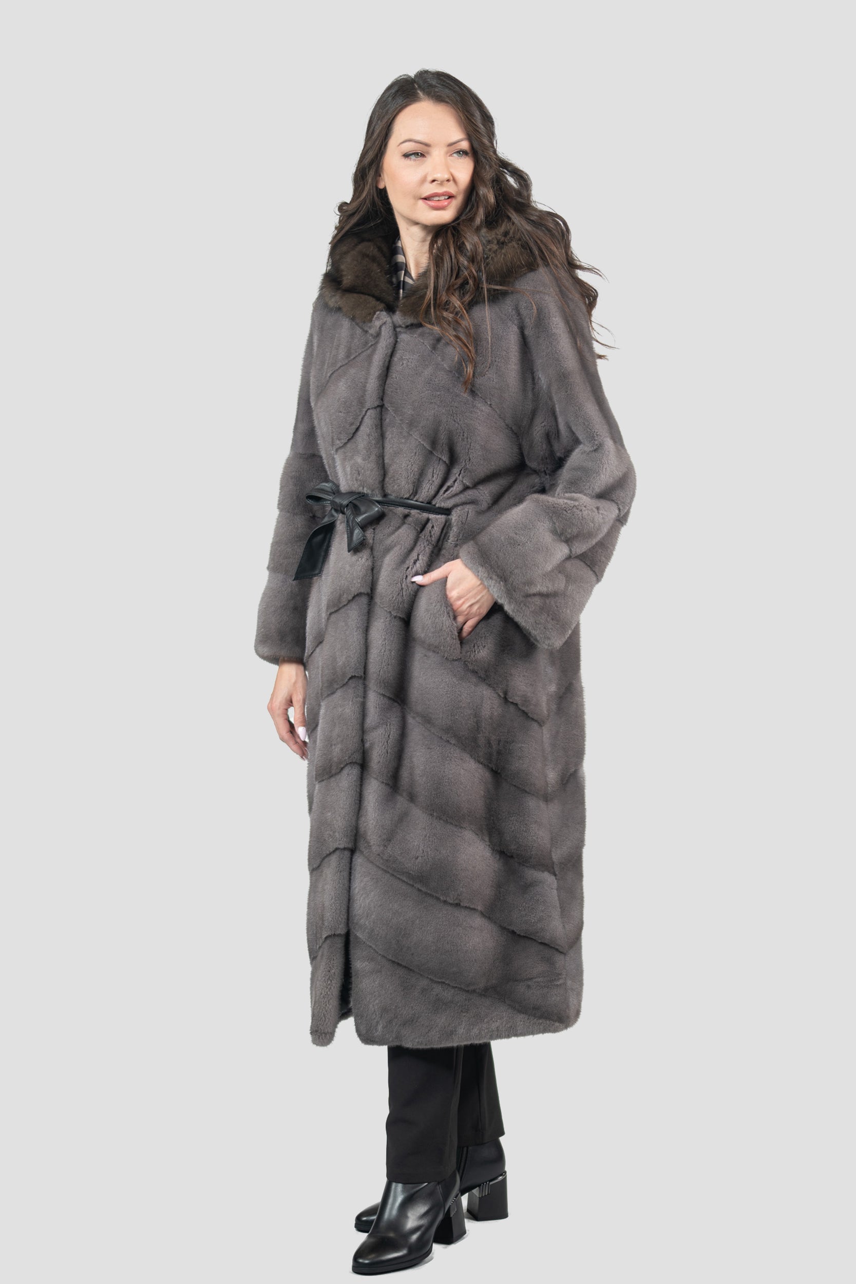 Grey Moon Mink Coat with Russian Sable Hood A/K13C850