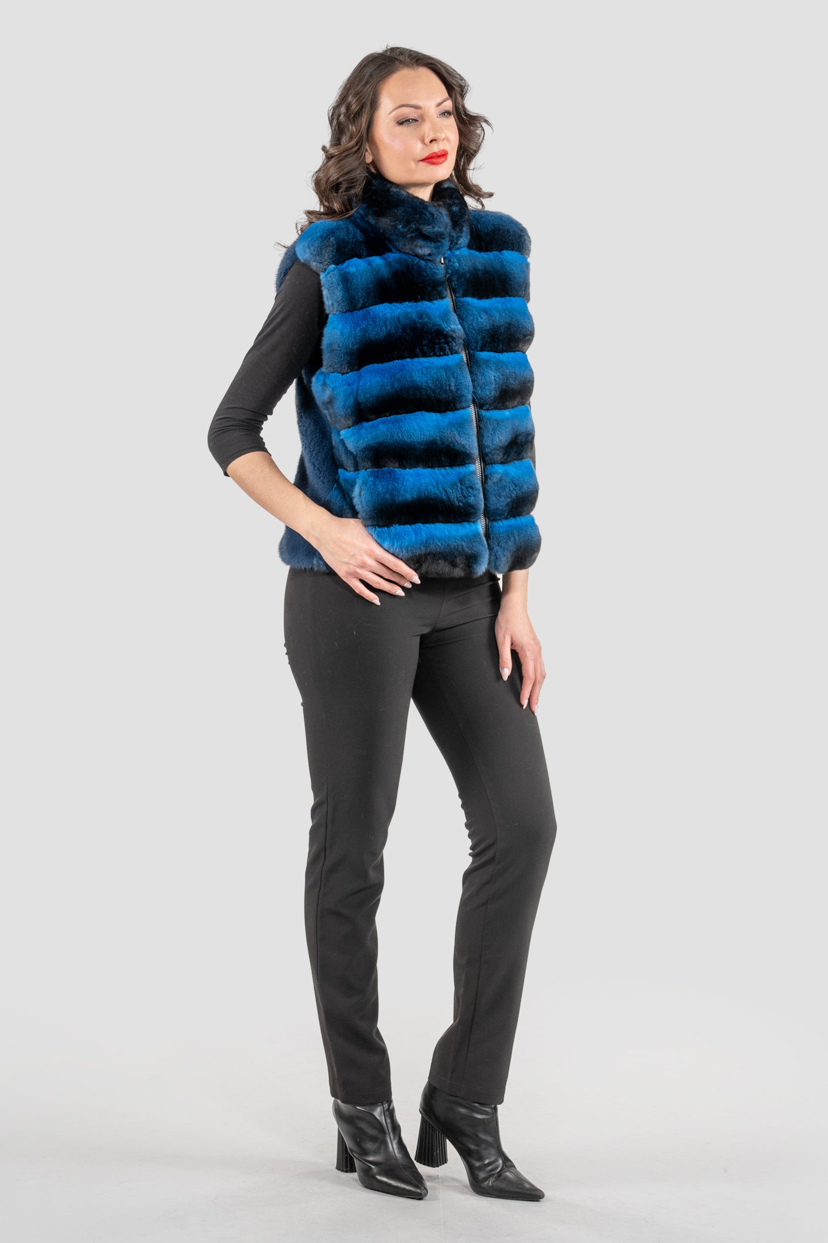 Bluejean Chinchilla Fur Vest with Stand Collar and Mink Trim P/K2201