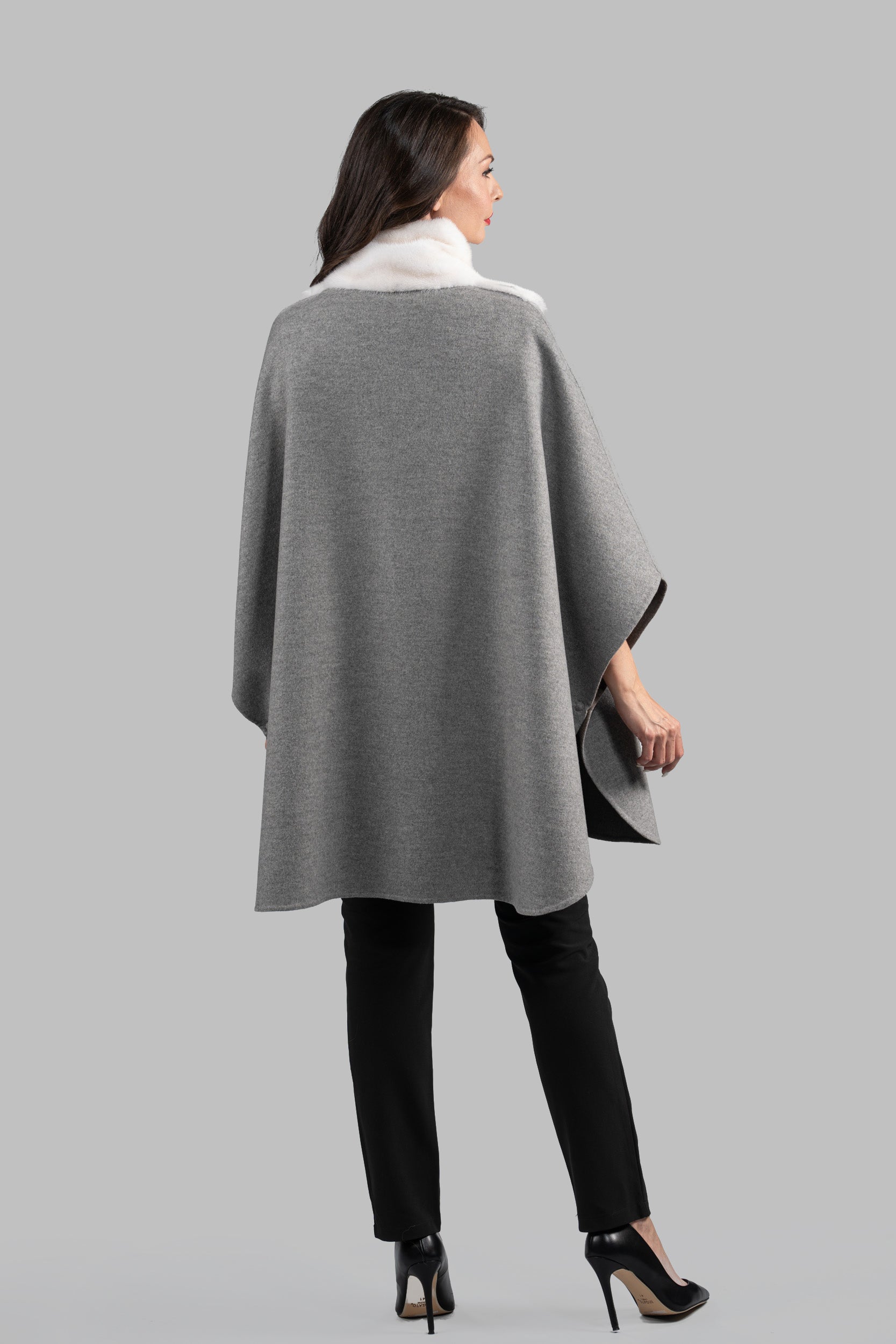 Grey Brown Cashmere Cape with Mink Trim 18M950