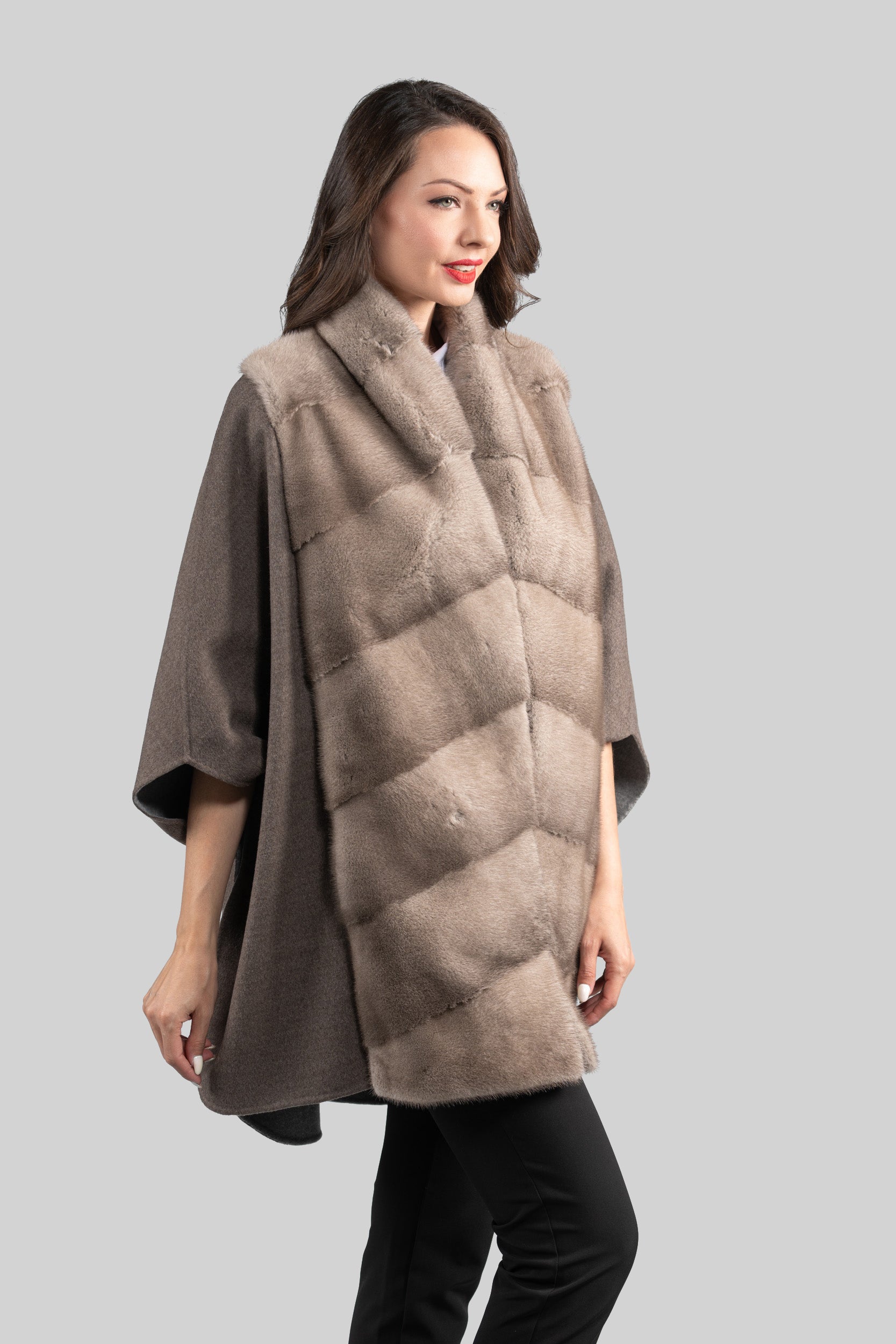 Brown Grey Cashmere Cape with Mink Trim 18M950