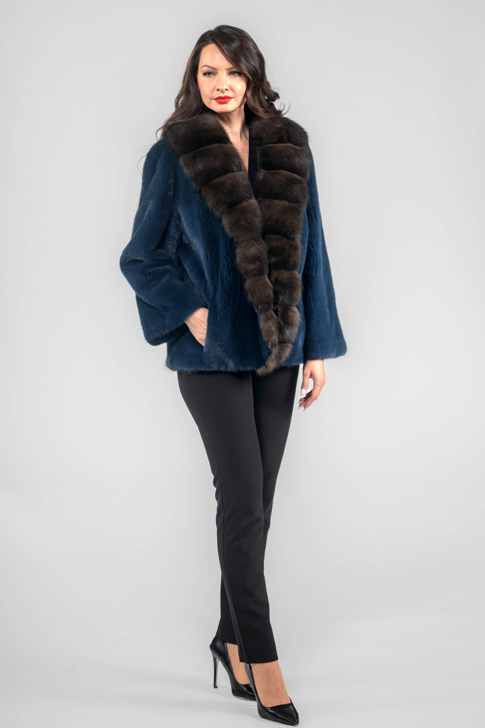 Blue Jean Mink Jacket with Extended Russian Sable Shawl Collar L/O19C123