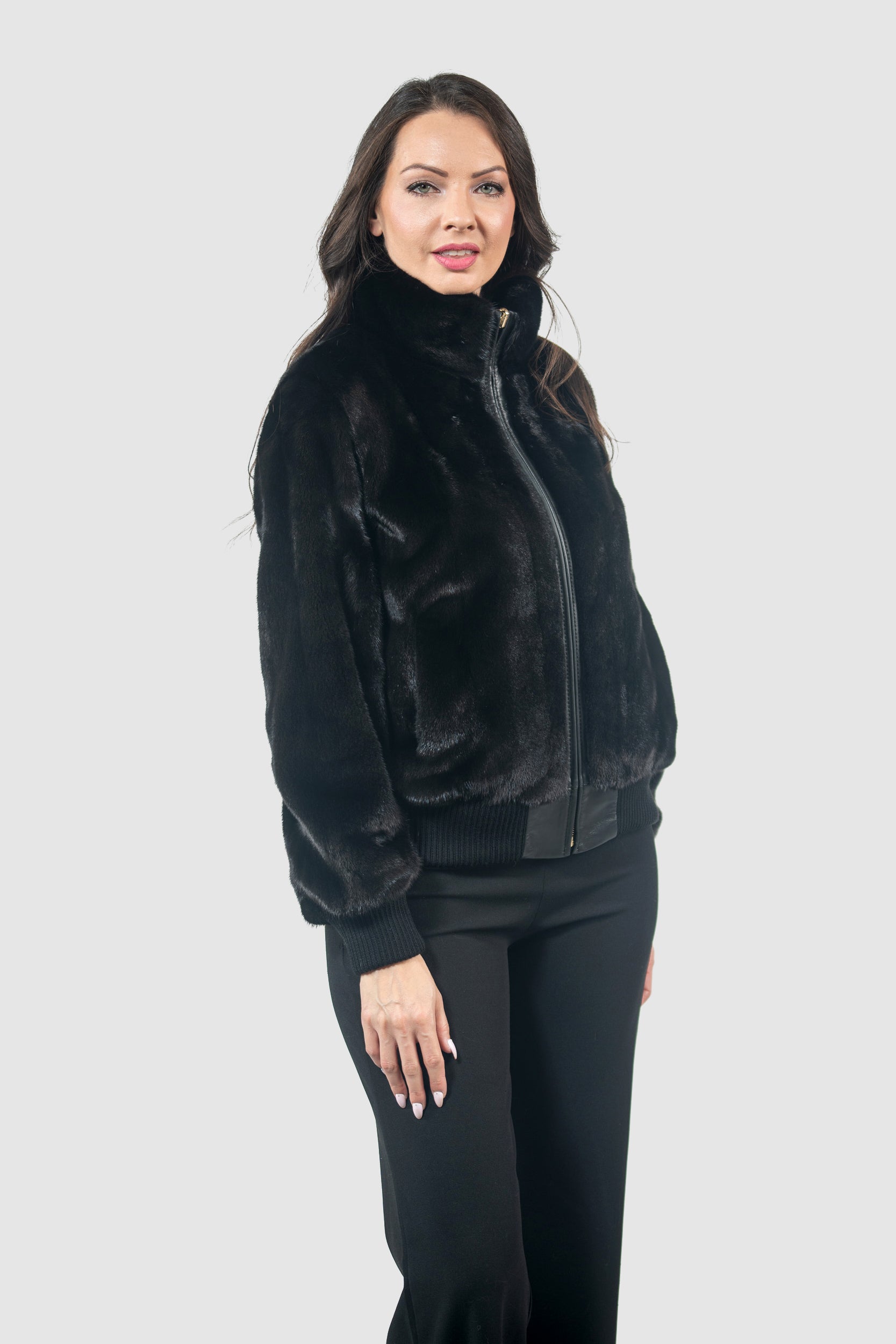 Black Mink Bomber Jacket with Stand Collar L/O13C224