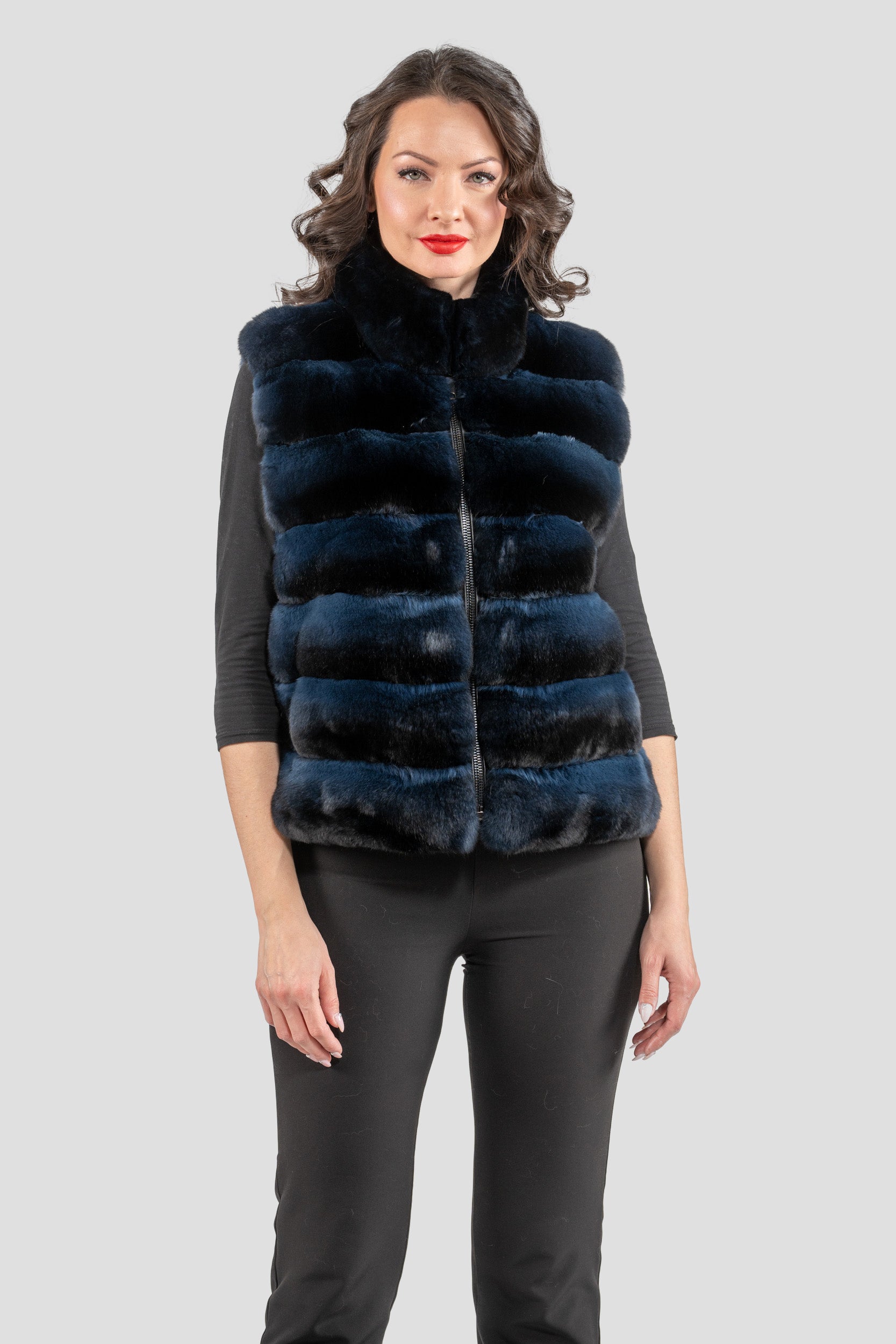 Chinchilla Fur Vest with Stand Collar and Mink Trim in Blue Black P/K2201